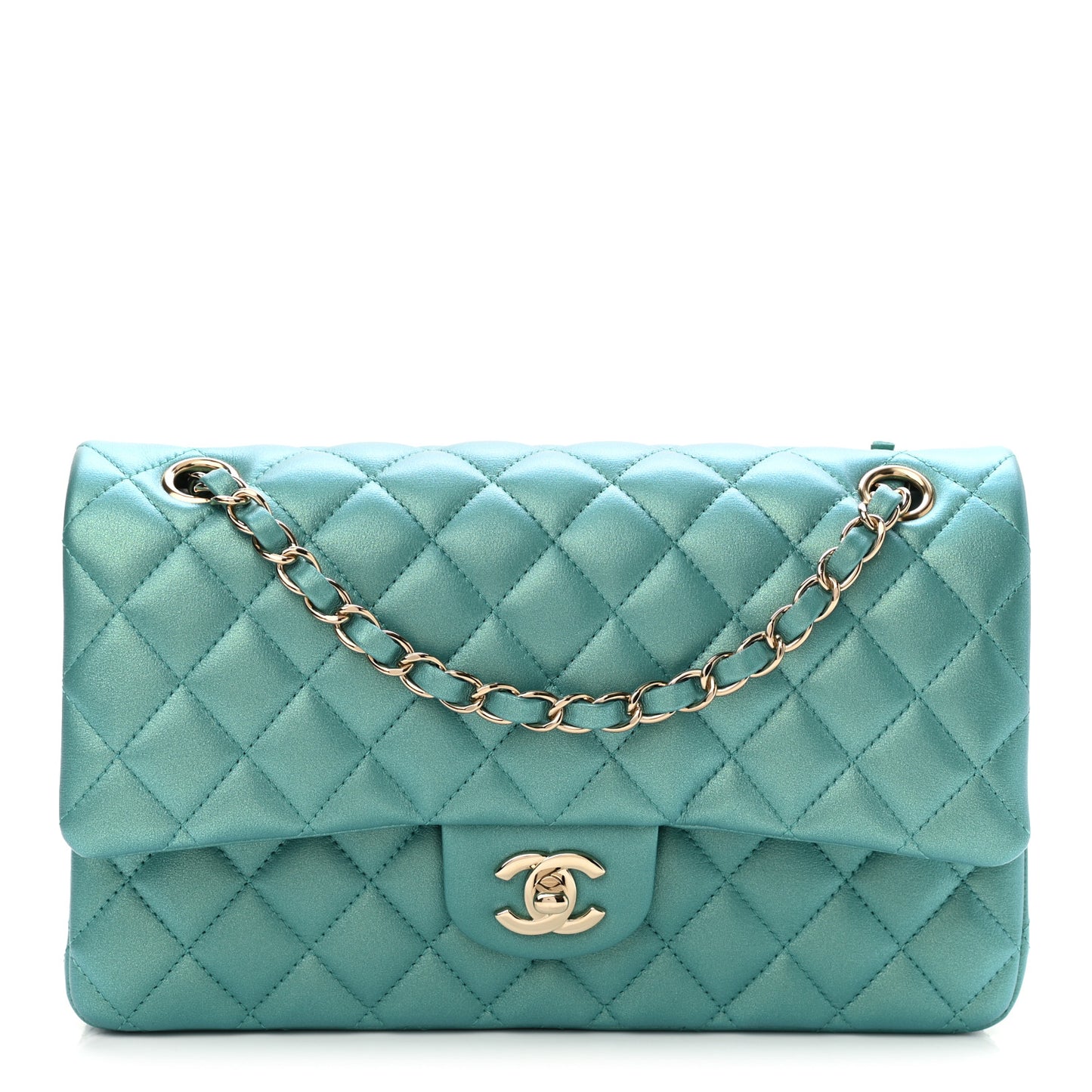 Iridescent Calfskin Quilted Medium Double Flap Green