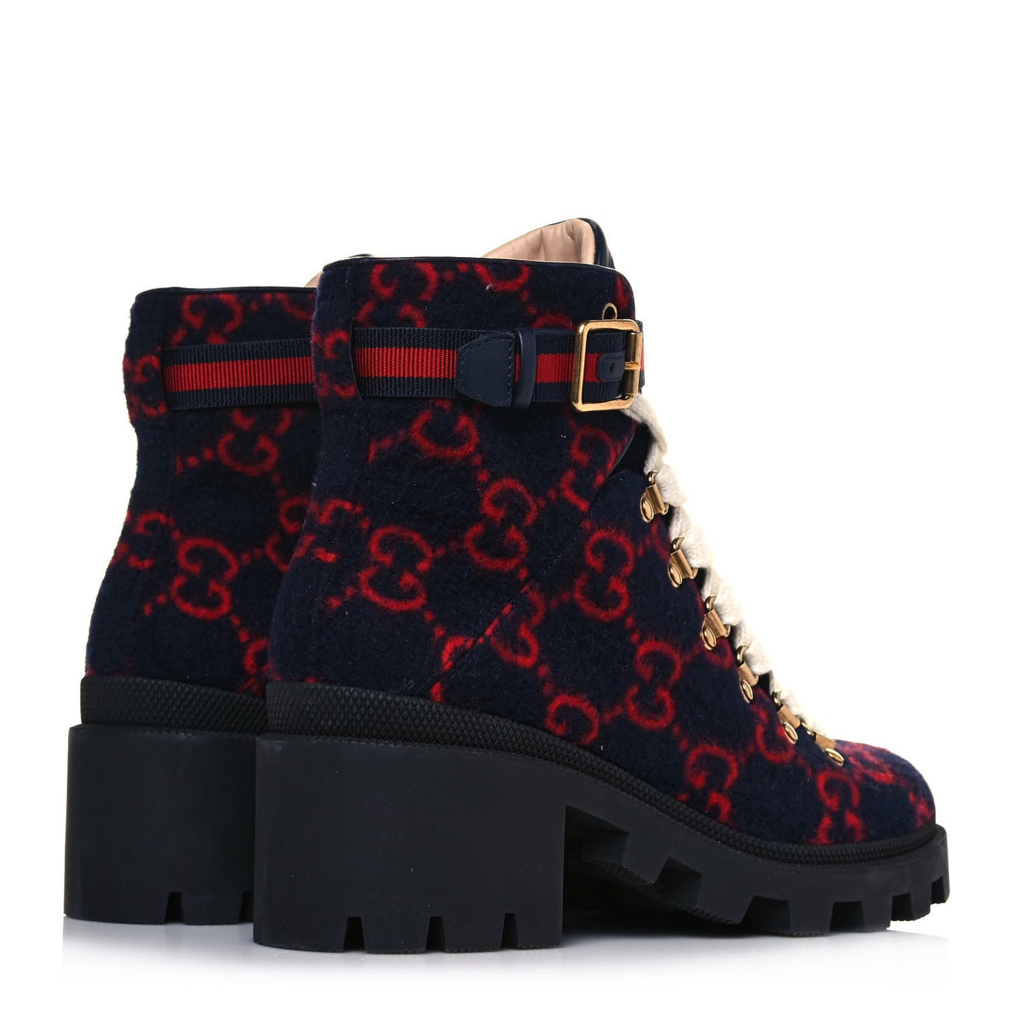 Covered Wool Big GG Monogram Womens Lace Up Combat Ankle Boots 38.5 Blue Red