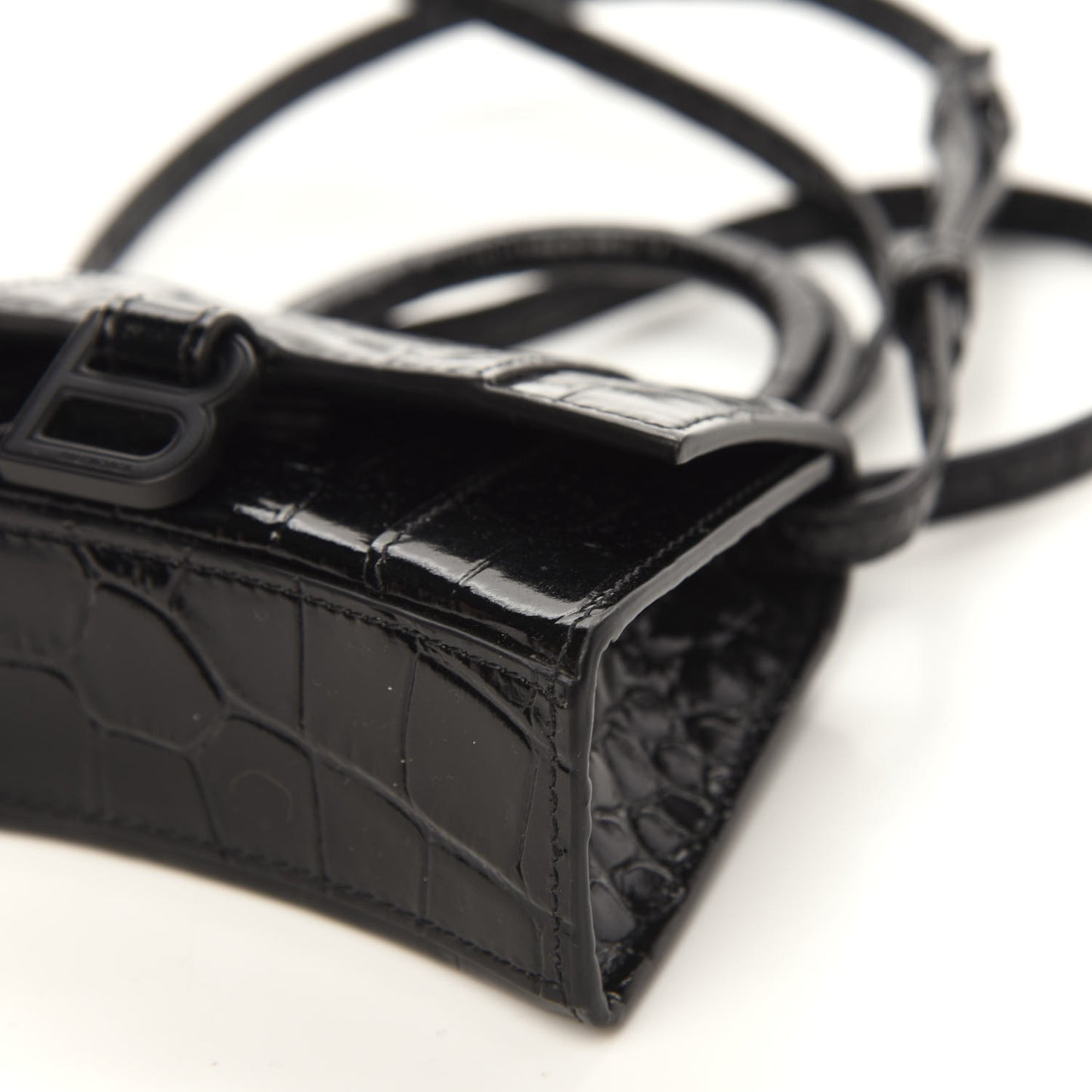 Shiny Calfskin Monochrome Crocodile Embossed Hourglass Top Handle Bag Mini Black