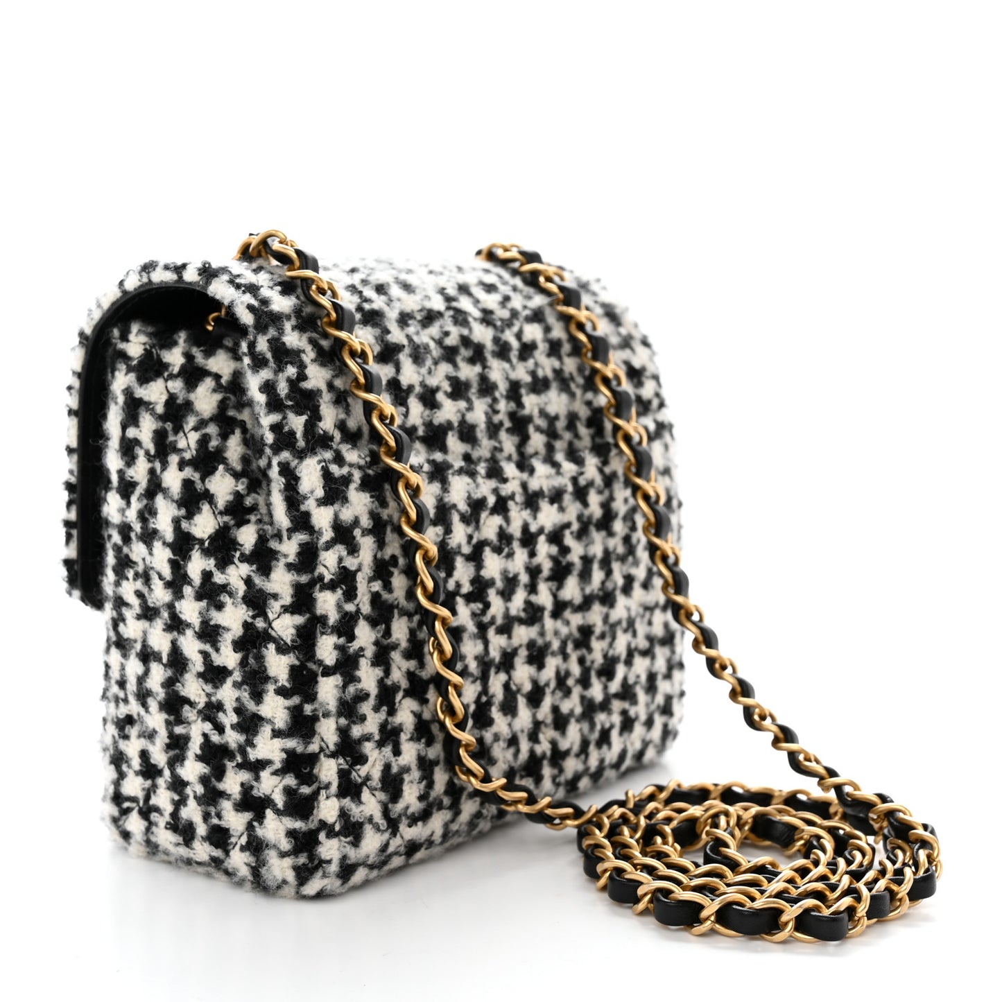 Tweed Houndstooth Quilted Mini Square Flap White Black