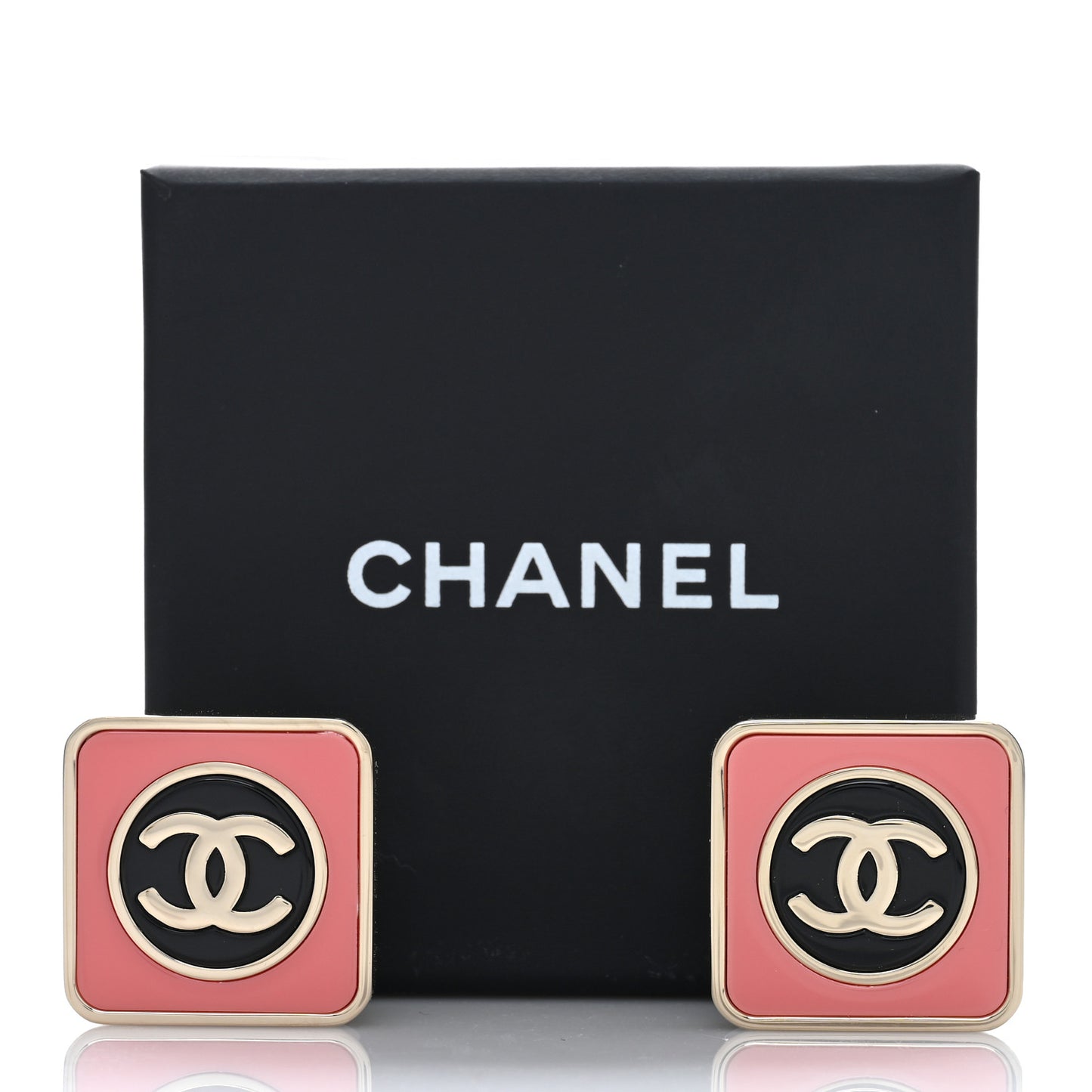 Metal Enamel CC Square Earrings Gold Pink Black