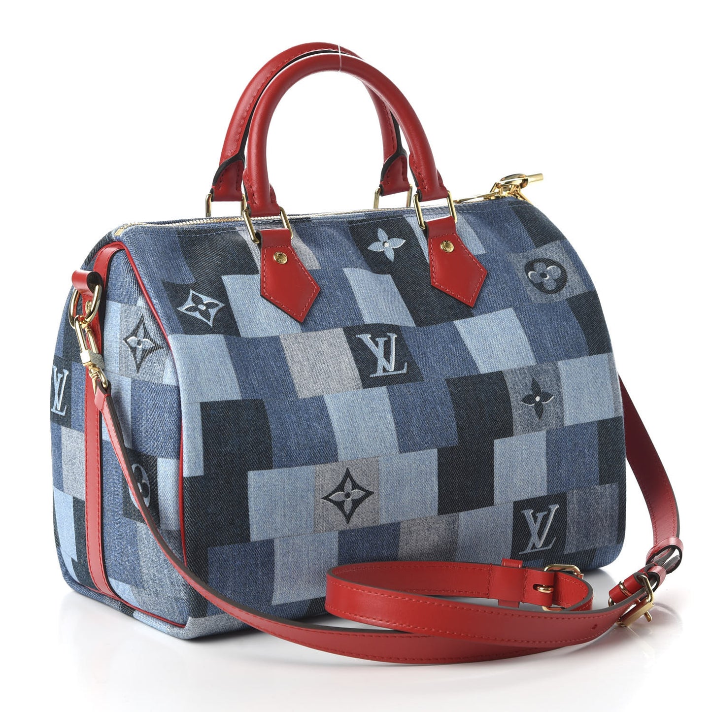 Denim Damier Monogram Patchwork Speedy Bandouliere 30 Blue Rouge