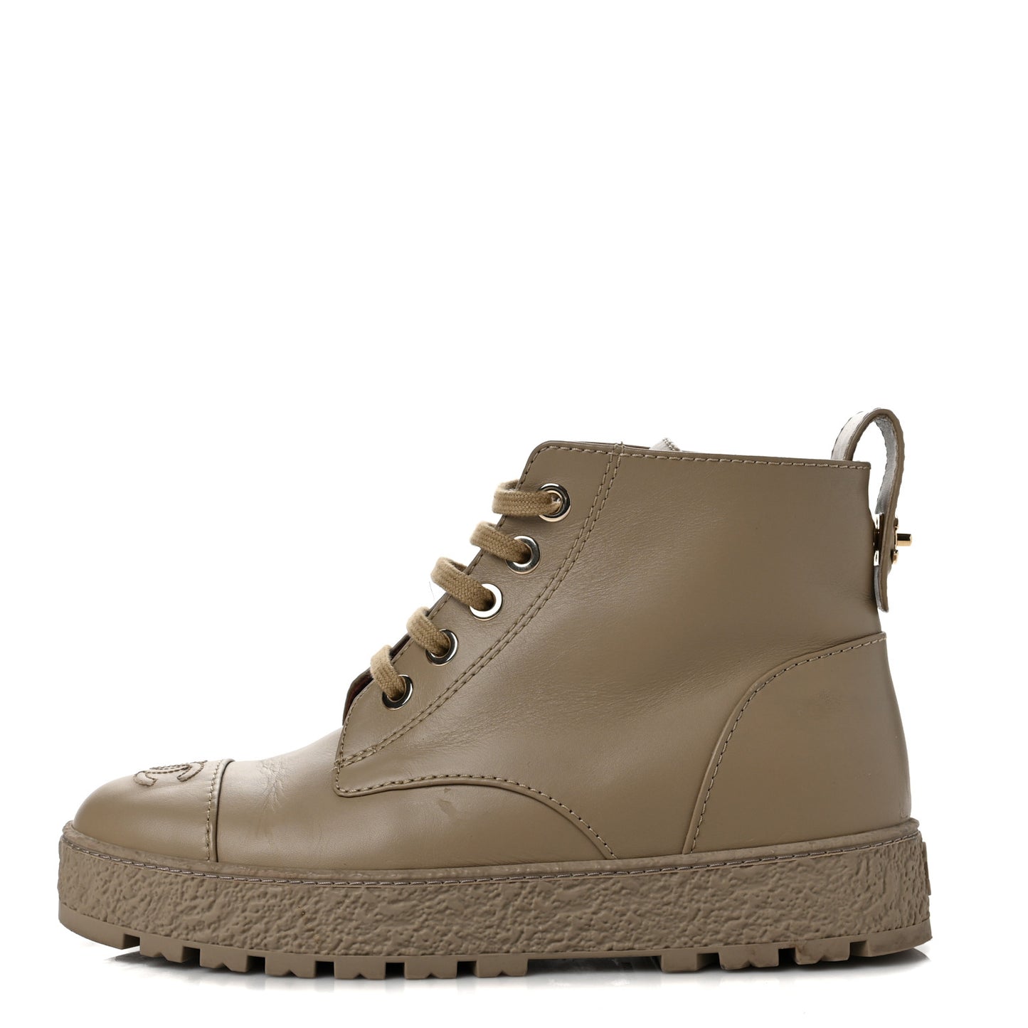 Calfskin CC Turnlock Lace Up Boots 39.5 Beige