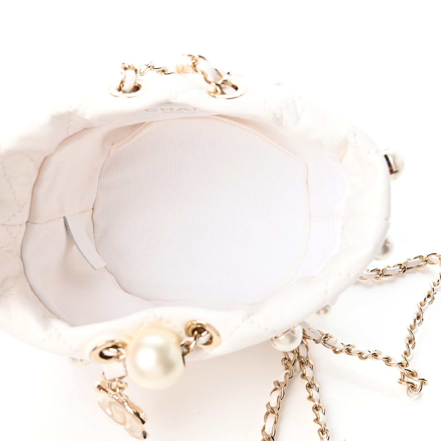 Lambskin Quilted Pearl Mini About Pearls Drawstring Bag White