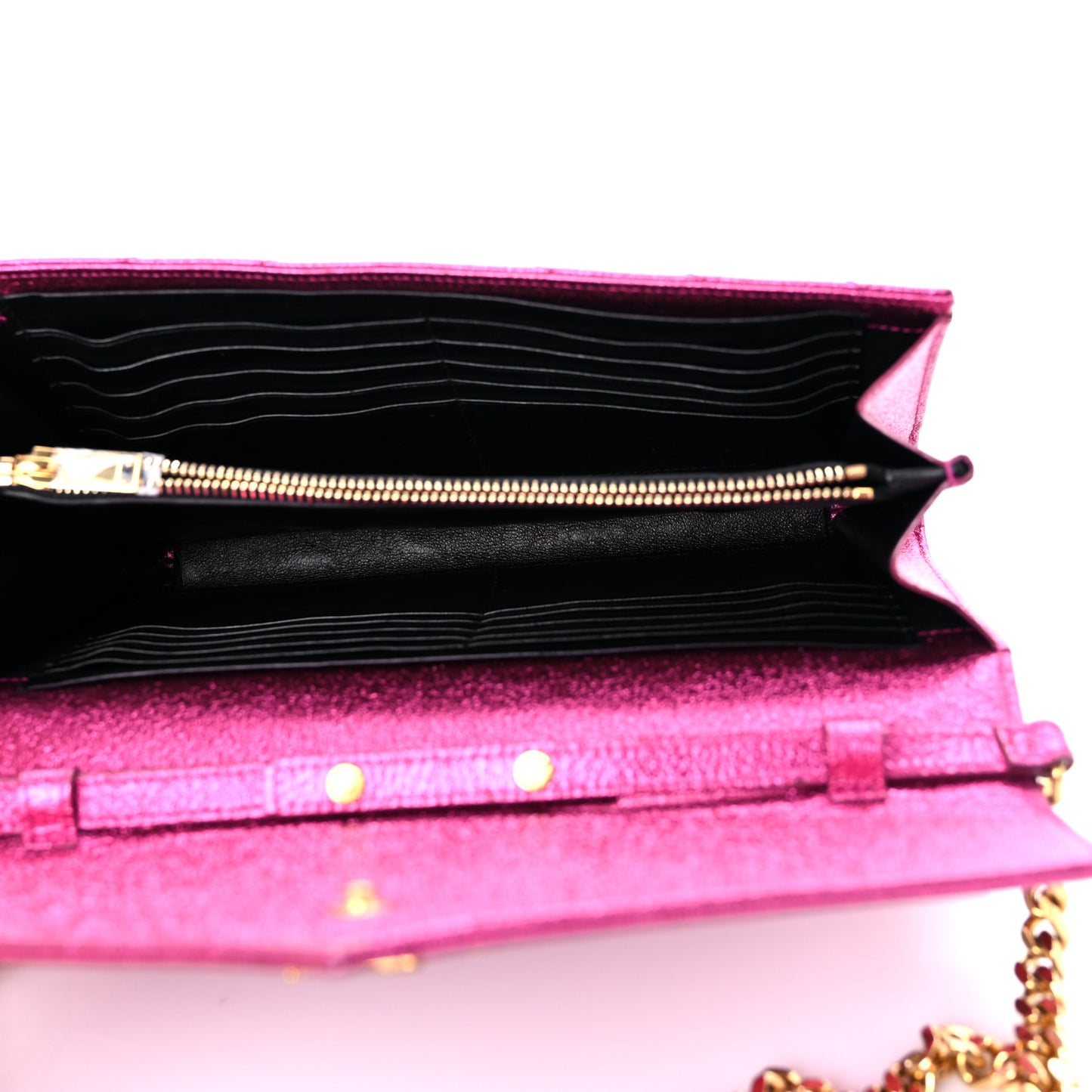 Metallic Crackled Calfskin Matelasse Chevron Monogram Chain Wallet Fuchsia