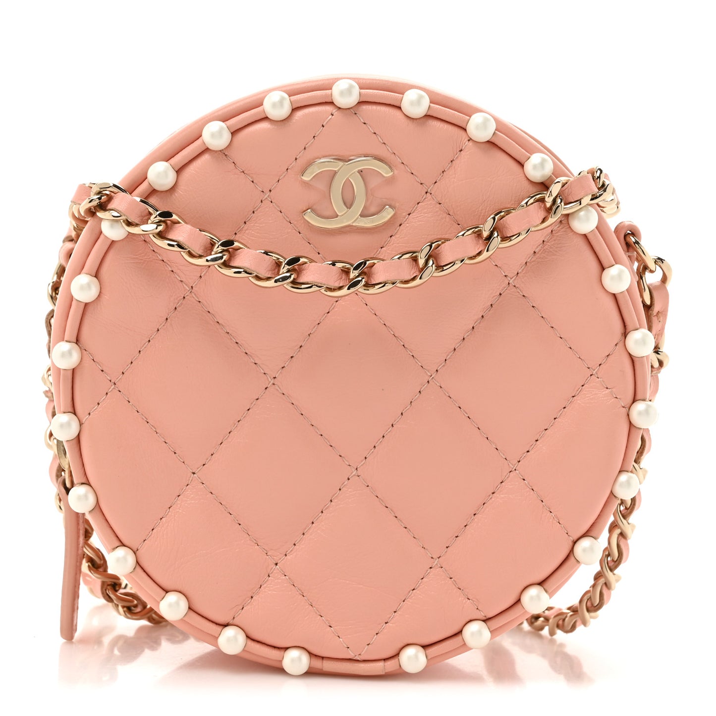 Calfskin Quilted Pearl Round Clutch With Chain Pink