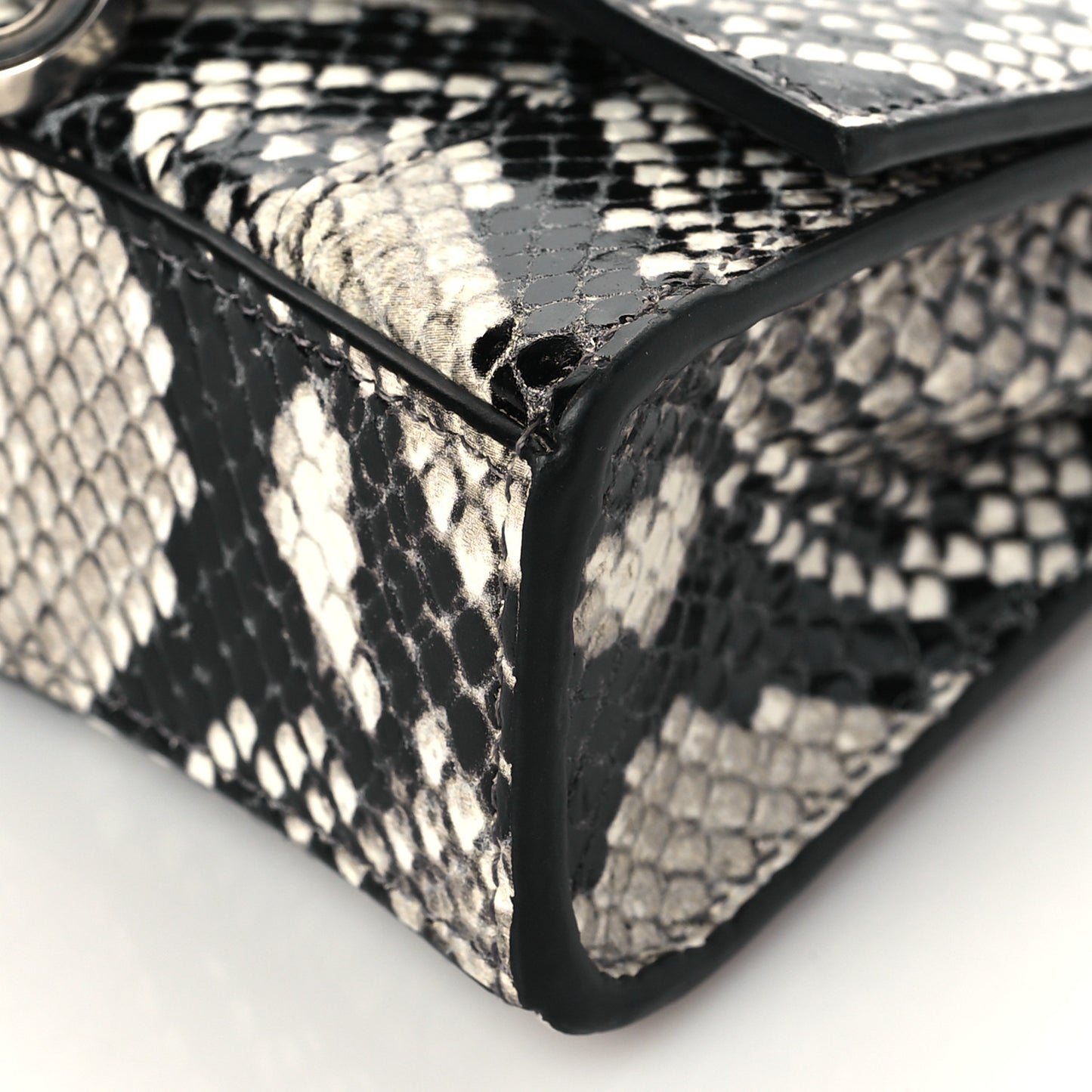 Shiny Calfskin Python Effect Hourglass Top Handle Bag Mini Black White