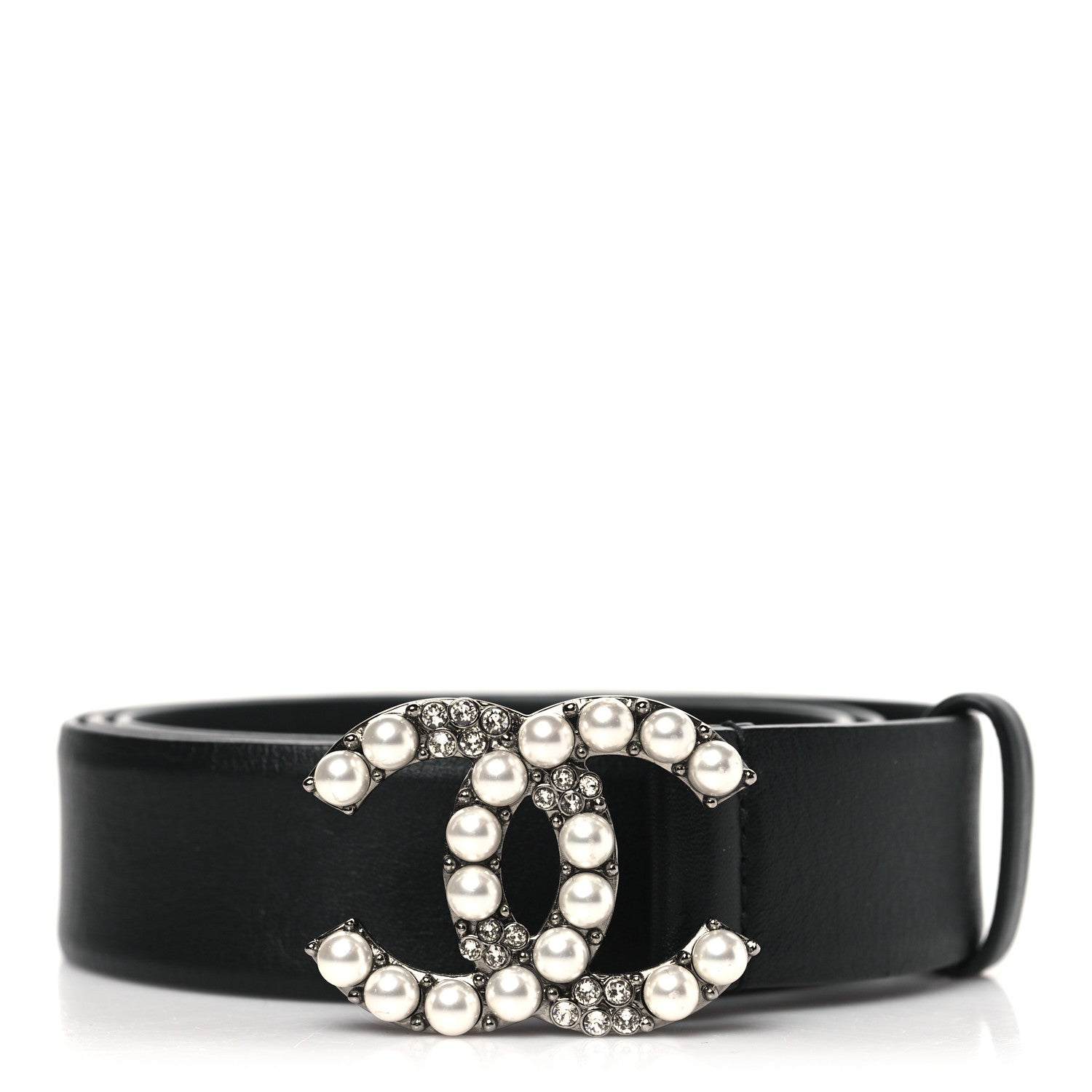Chanel Black Leather CC Crystals Buckle Belt Chanel Black Crystal & Faux Pearl CC Leather Belt | myGemma  main image 4