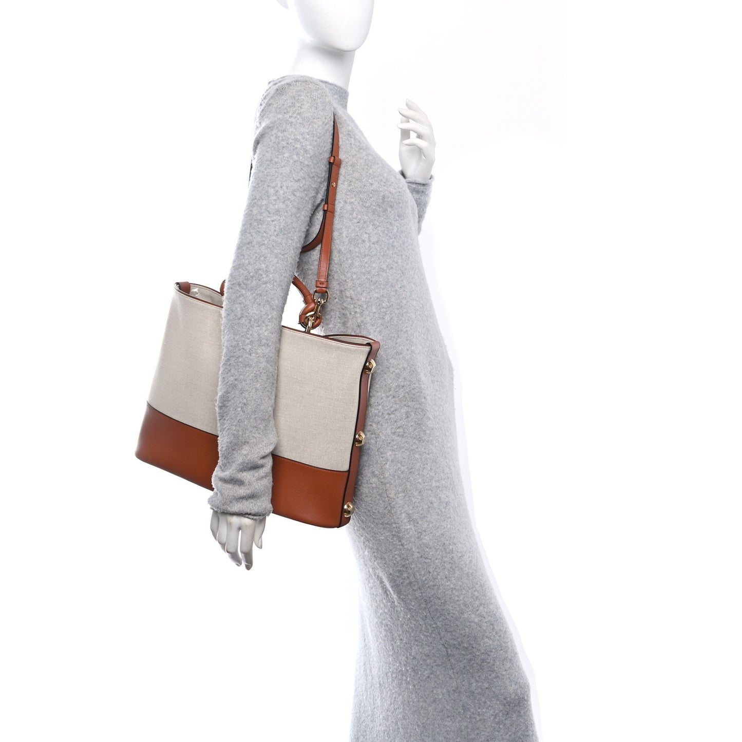 Canvas Calfskin Glam Tote Beige Brown