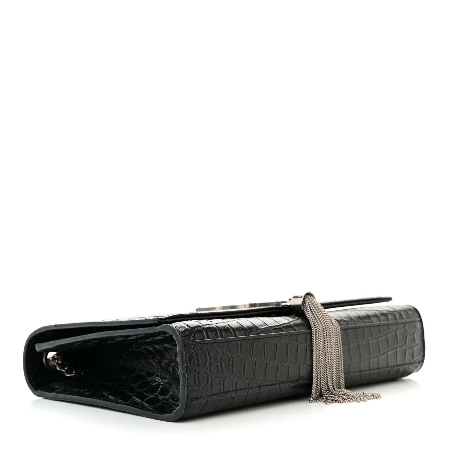 Calfskin Crocodile Embossed Small Classic Monogram Kate Tassel Satchel Black