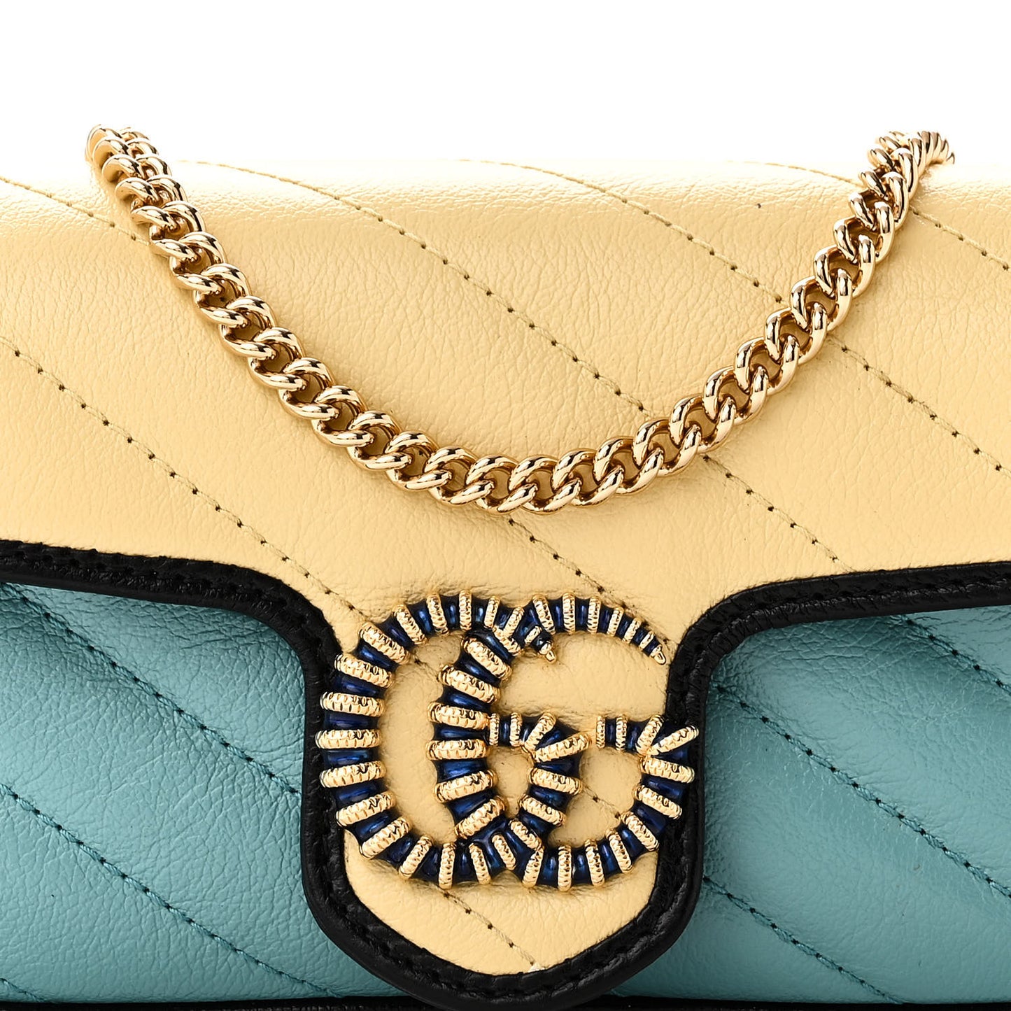 Azalea Calfskin Enamel Matelasse Diagonal Super Mini Torchon GG Marmont Shoulder Bag Butter Dusty Azure Black Electric Blue