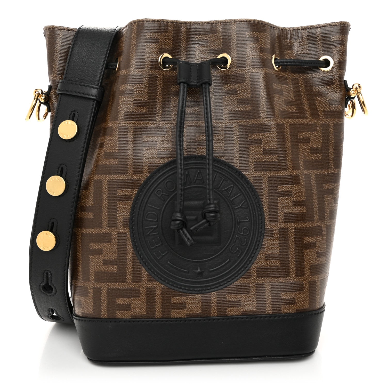 Fendi Glazed Fabric Vitello Grace F is Fendi FF 1974 Stamp Patch Grande Mon Tresor Bucket Bag Mogano Panna Black 1 of 10