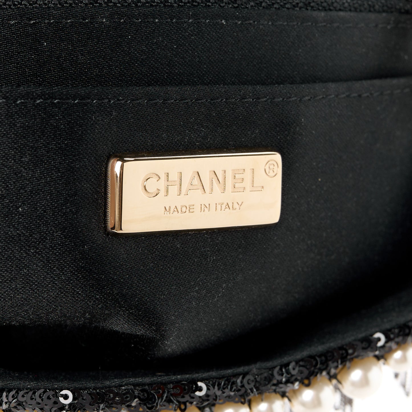 Lambskin Sequin Pearl Chain Fringe Mini Flap Black