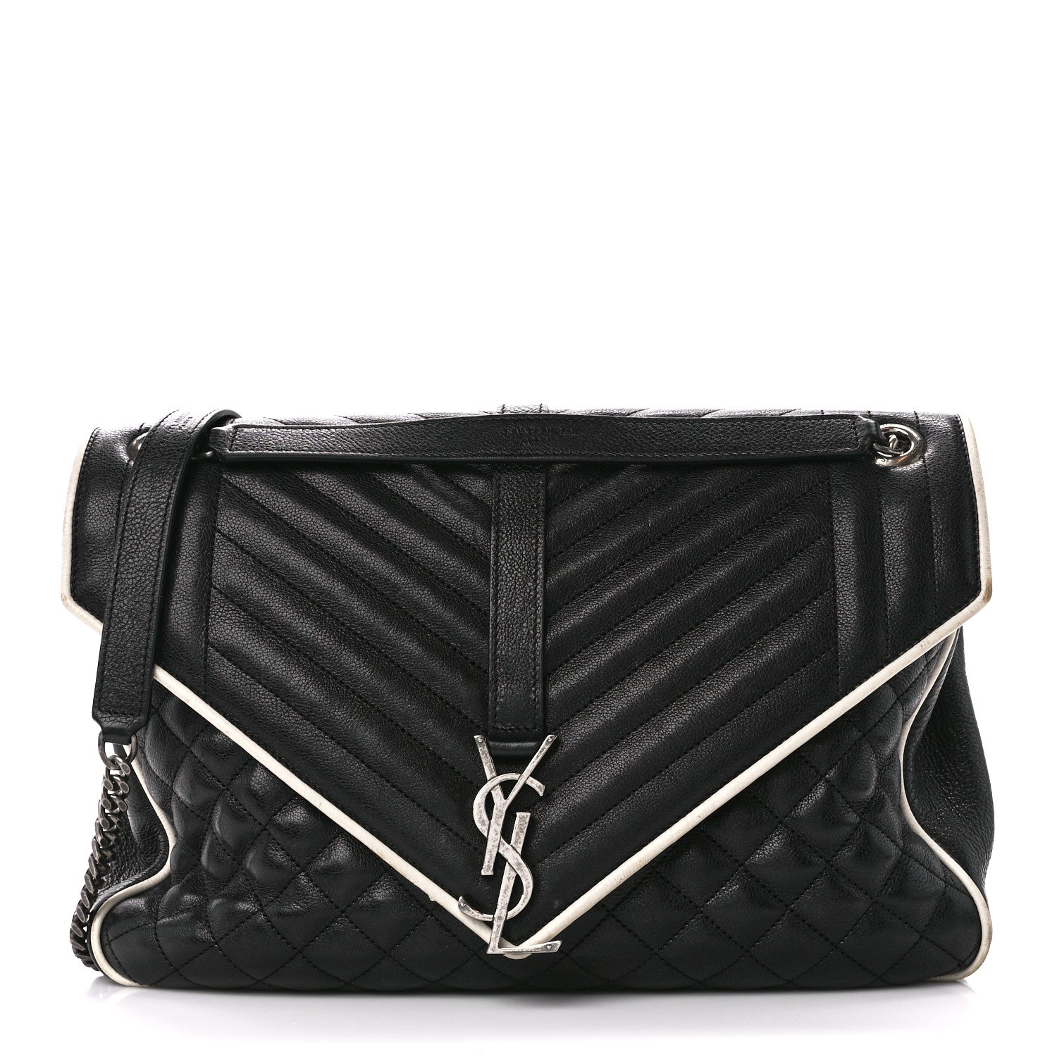 Saint Laurent Calfskin Mixed Matelasse Triquilt Large Monogram Envelope Satchel Black White 1 of 12