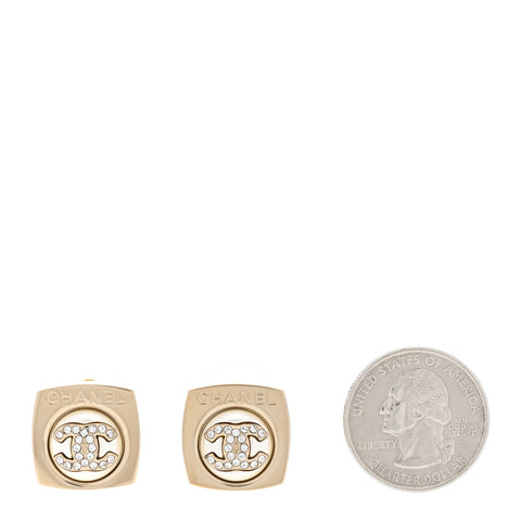 Metal Pearl Crystal CC Logo Square Earrings Gold Pearly White