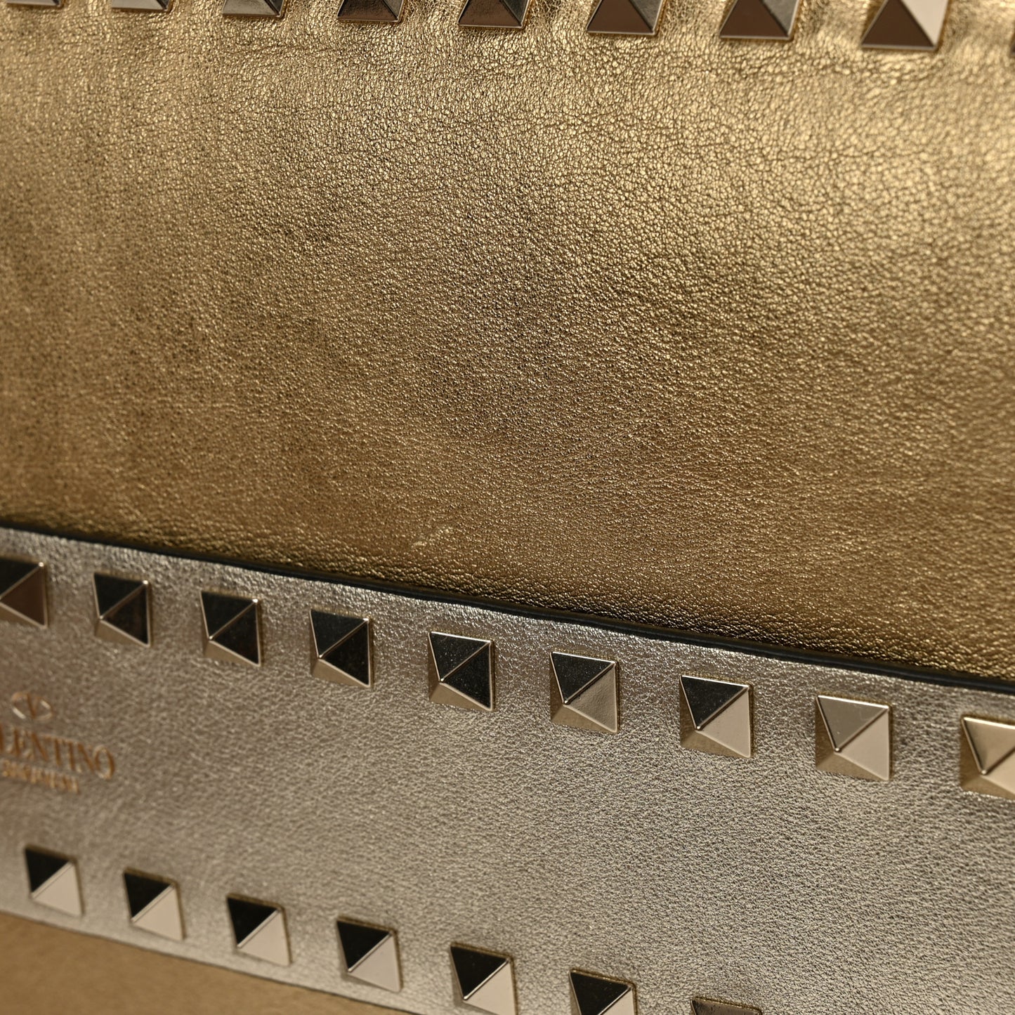 Metallic Calfskin Rockstud Side Slip Wristlet Clutch Gold