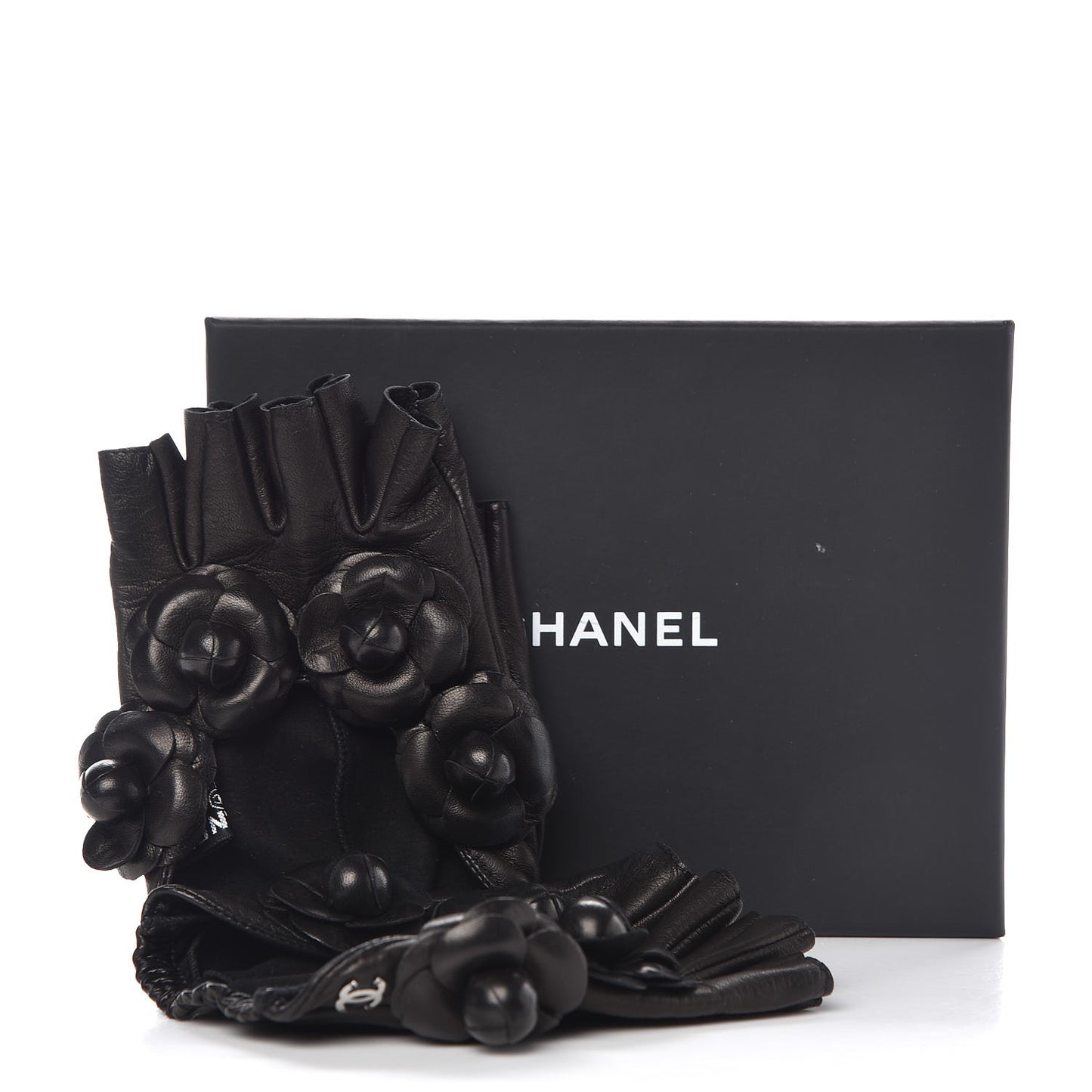 Lambskin Camellia Fingerless Gloves 7.5 Black