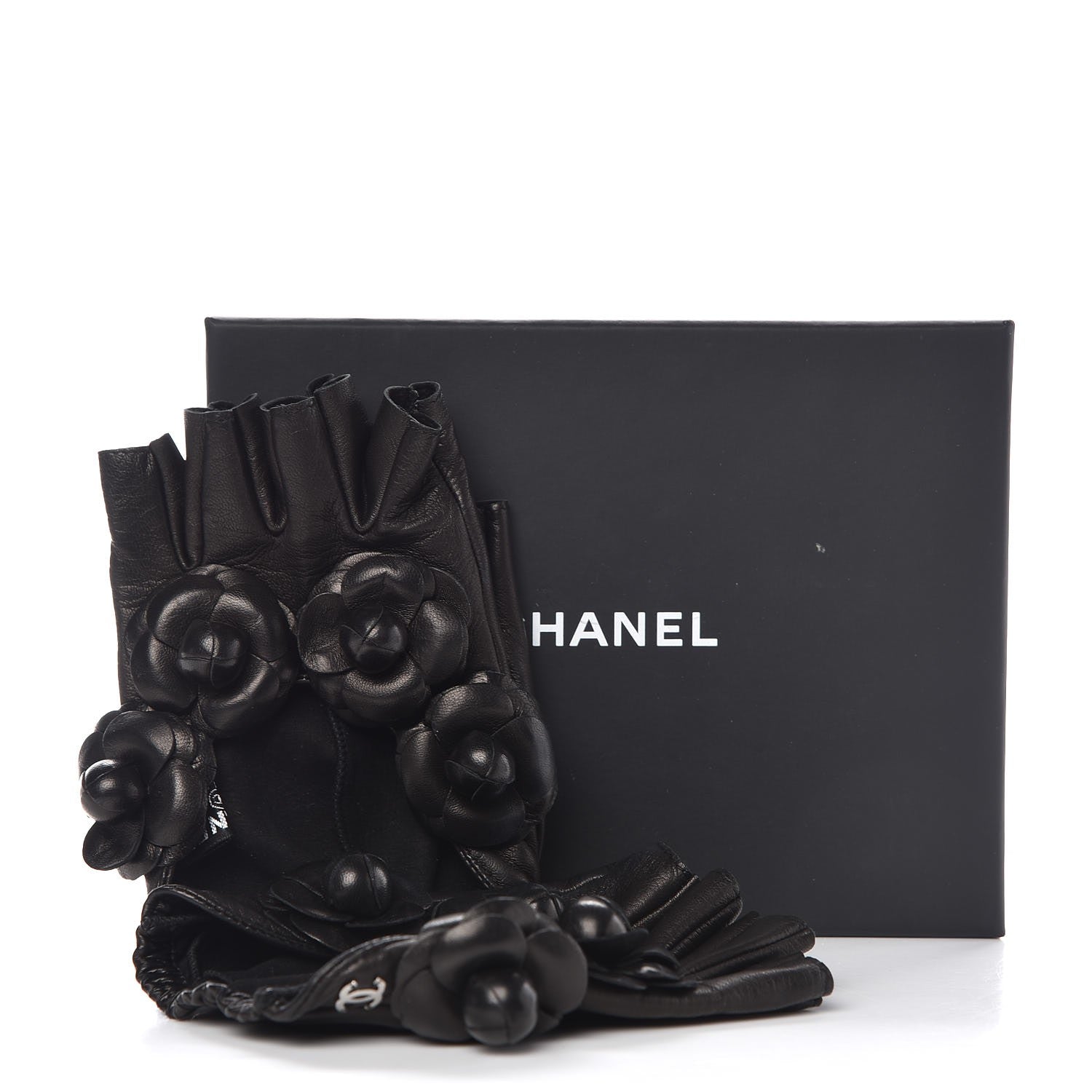 Chanel Lambskin Camellia Fingerless Gloves 7.5 Black 8 of 8
