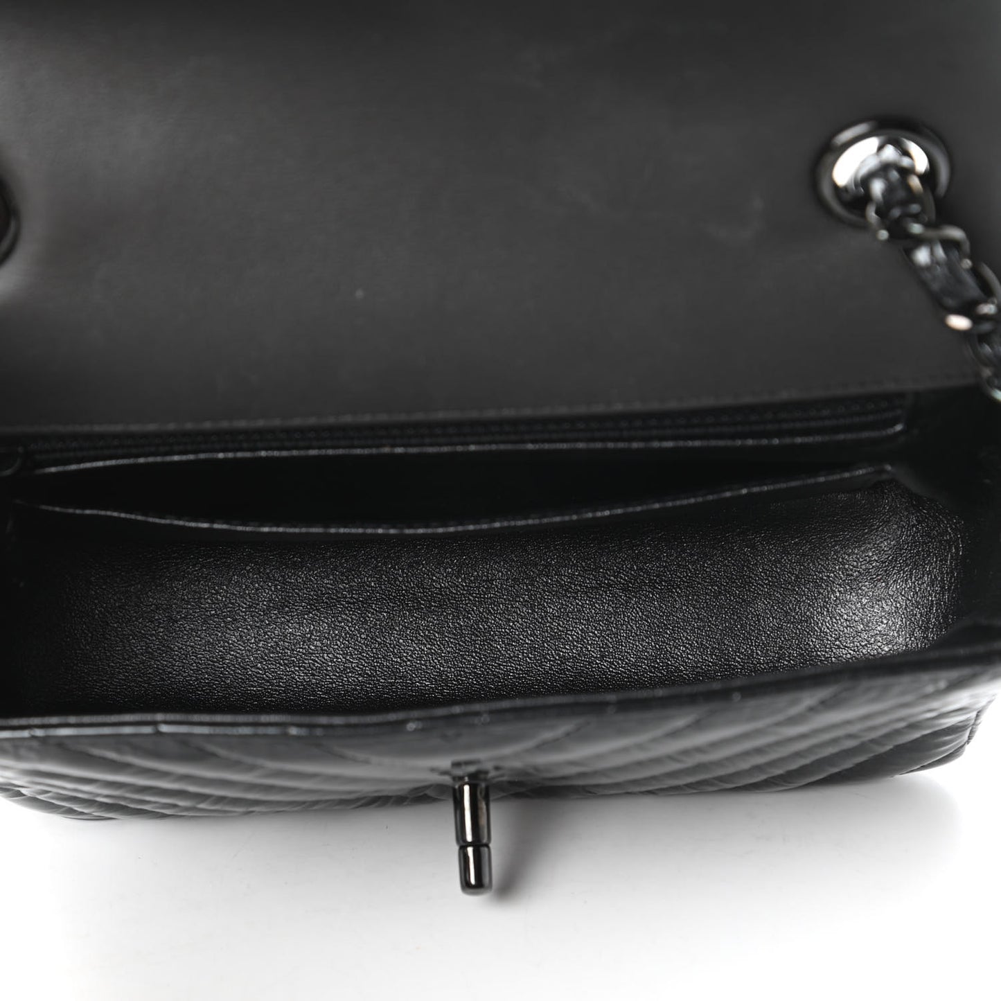 Patent Metallic Crumpled Calfskin Chevron Quilted Mini Rectangular Flap So Black