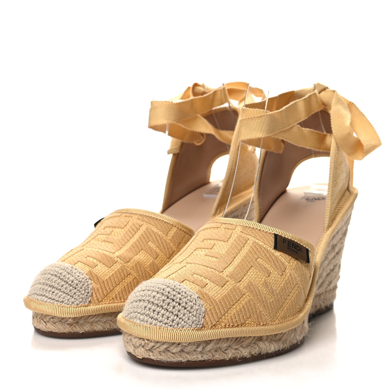 Fendi Rafia FF Embroidered Roma Ankle Wrap Espadrille Wedges 39 Natural 3 of 8
