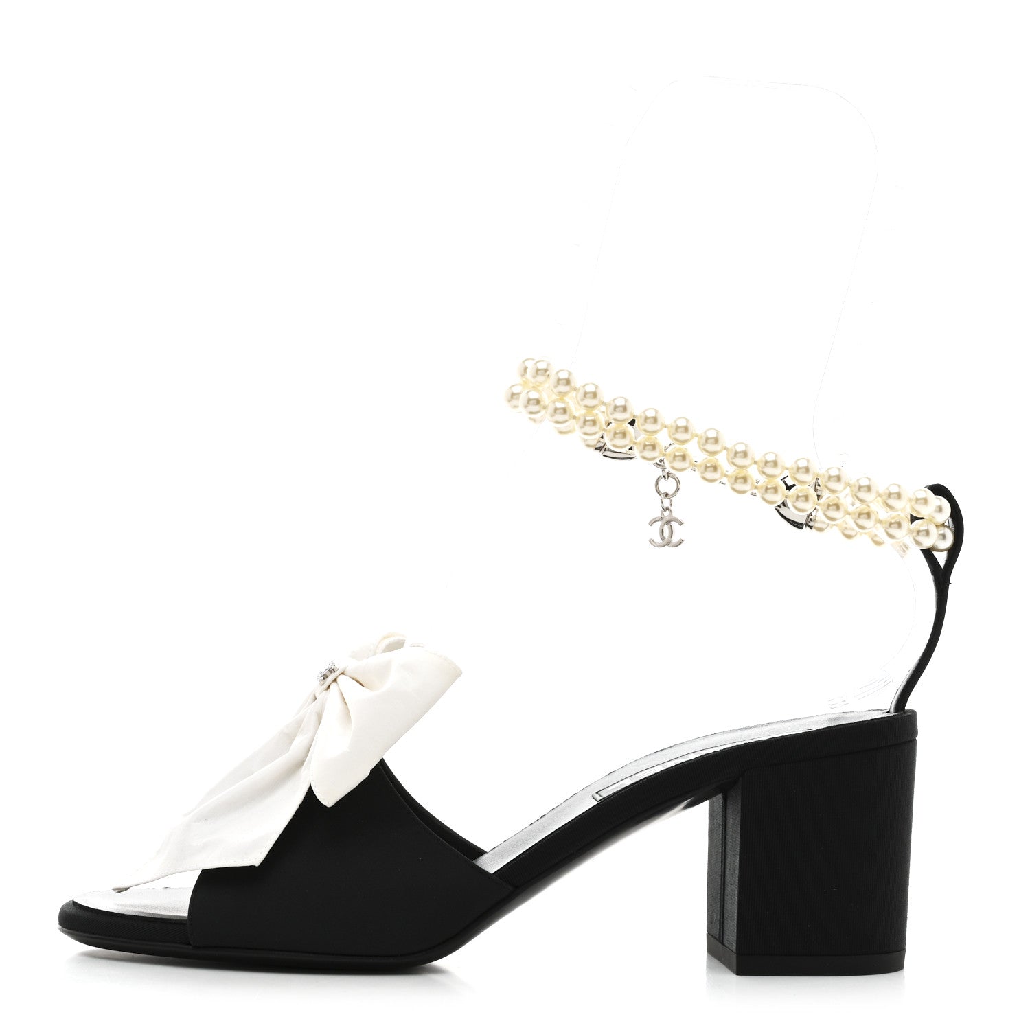 Chanel Silk Pearl Ankle Strap Sandals 37 Black White 1801080