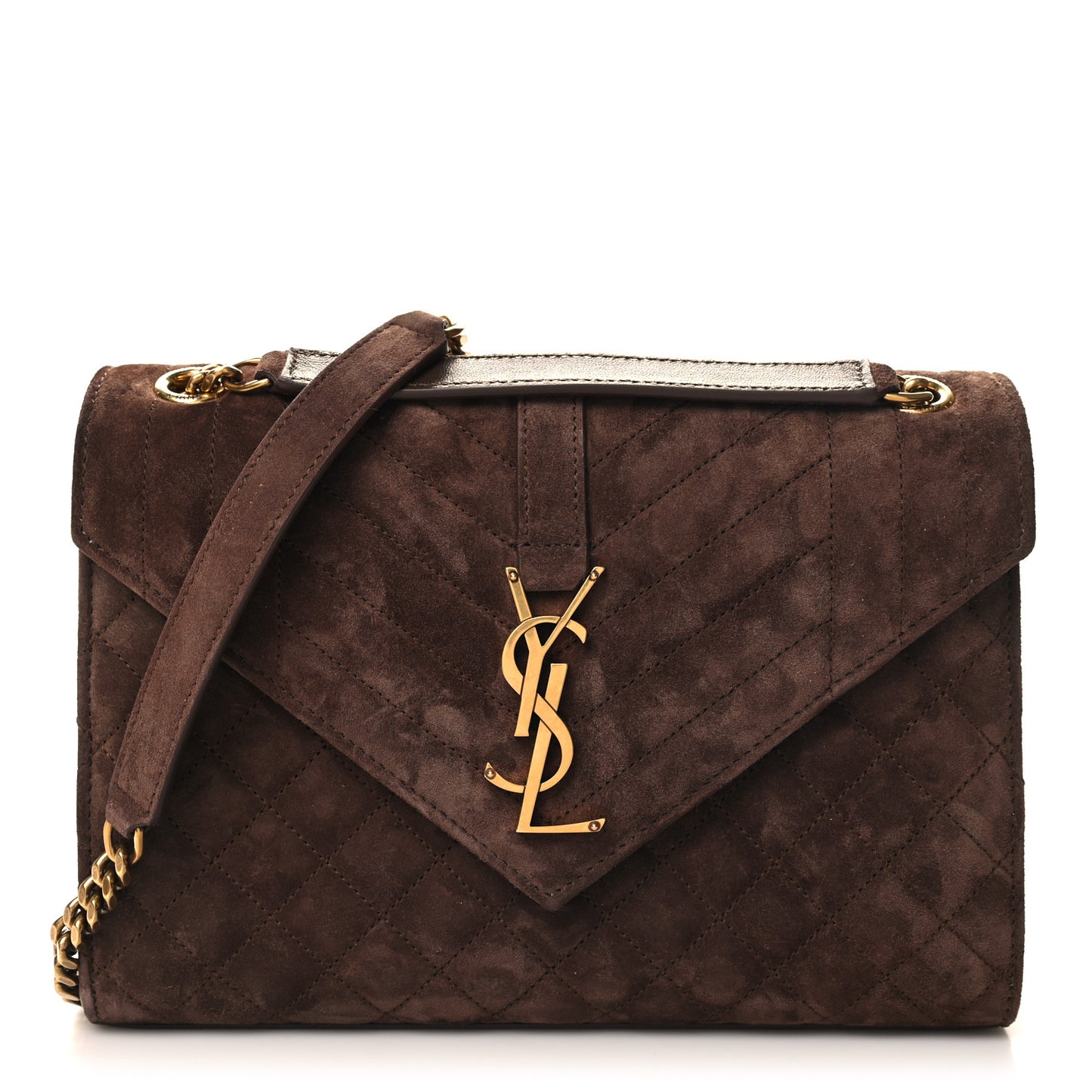 Suede Mixed Matelasse Triquilt Medium Monogram Envelope Satchel Bark Brown