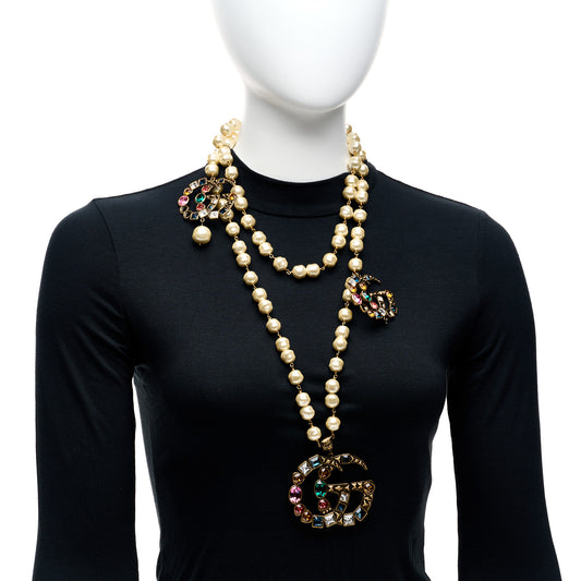Crystal Pearl Double G Necklace Aged Gold Multicolor