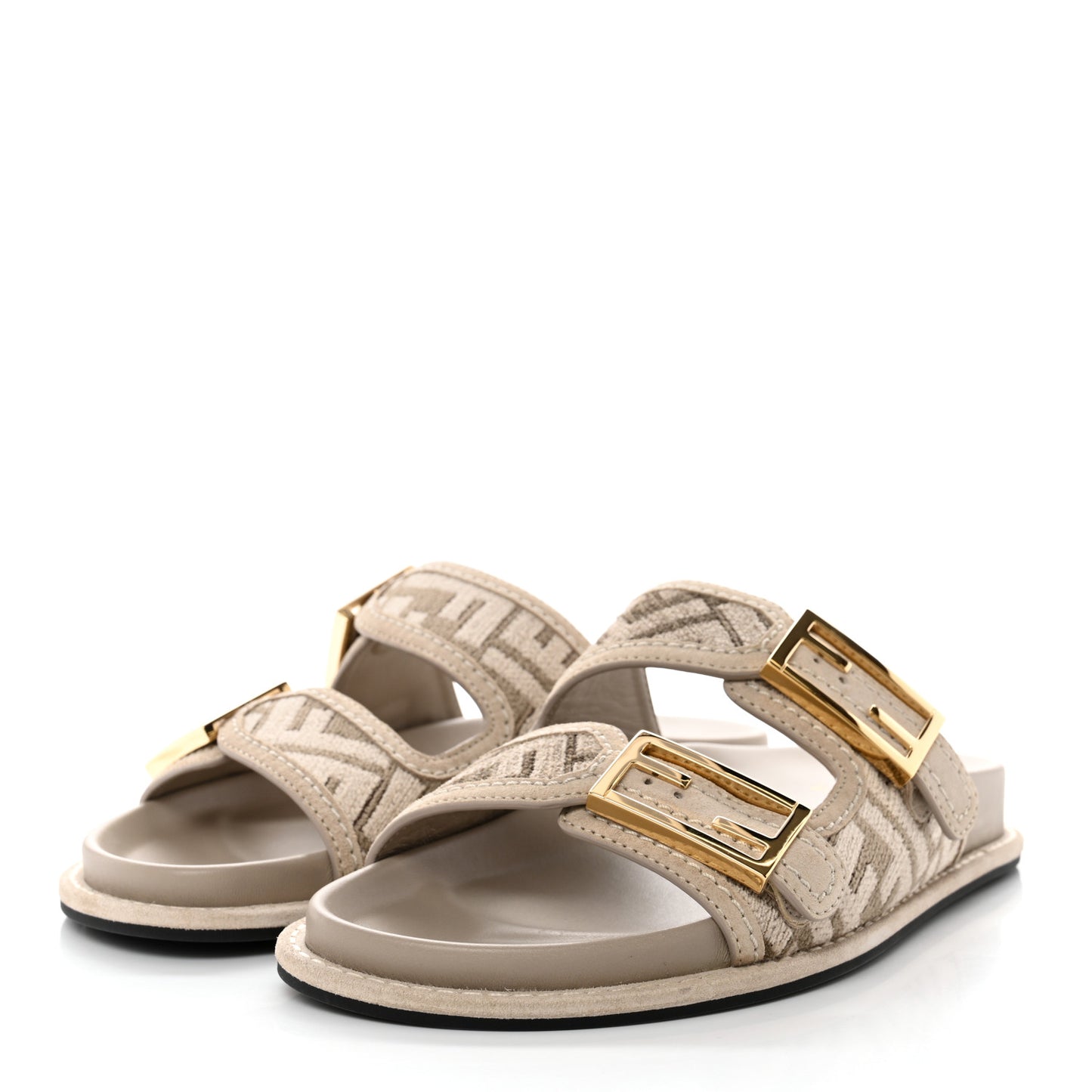 Chenille Fabric Jacquard Suede FF Womens Fendi Feel Buckled Slide Sandals 37.5 Tortora Nuvola Rock