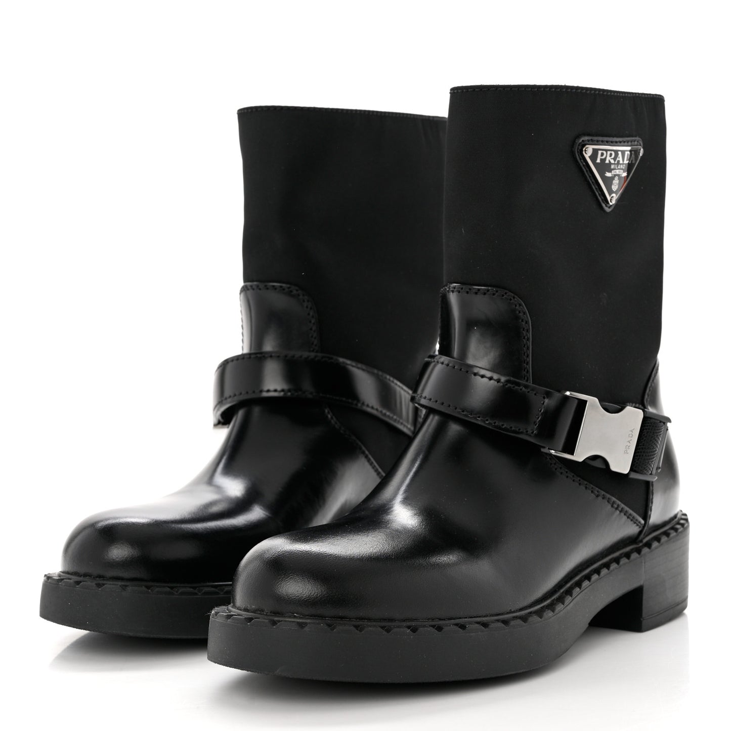Spazzolato Re-Nylon Metal Triangle Logo Buckled 50mm Biker Boots 35 Black