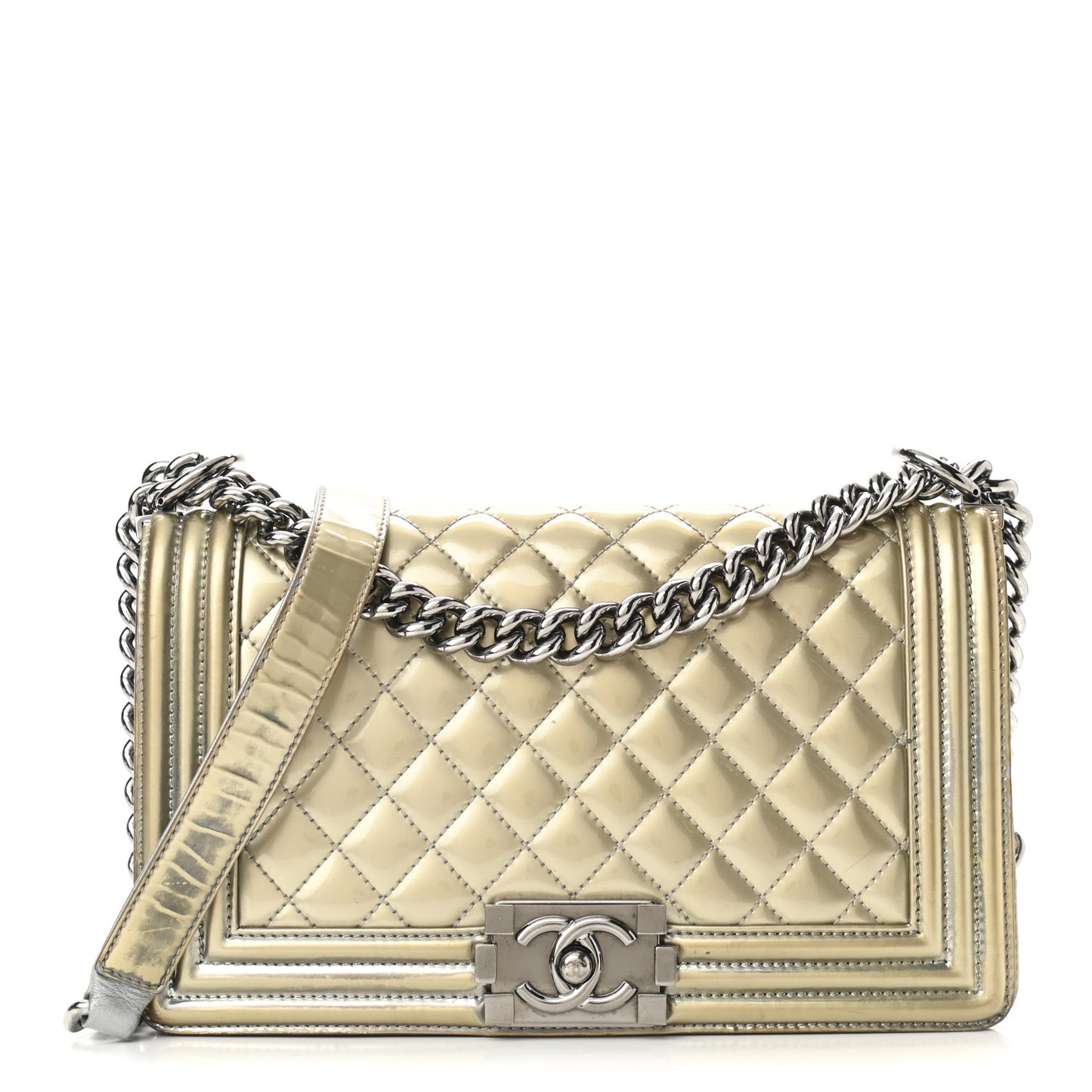 Metallic Patent Calfskin Quilted Medium Boy Flap Silver