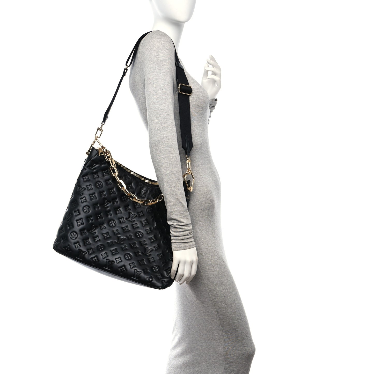 Calfskin Embossed Monogram Coussin Hobo MM Black