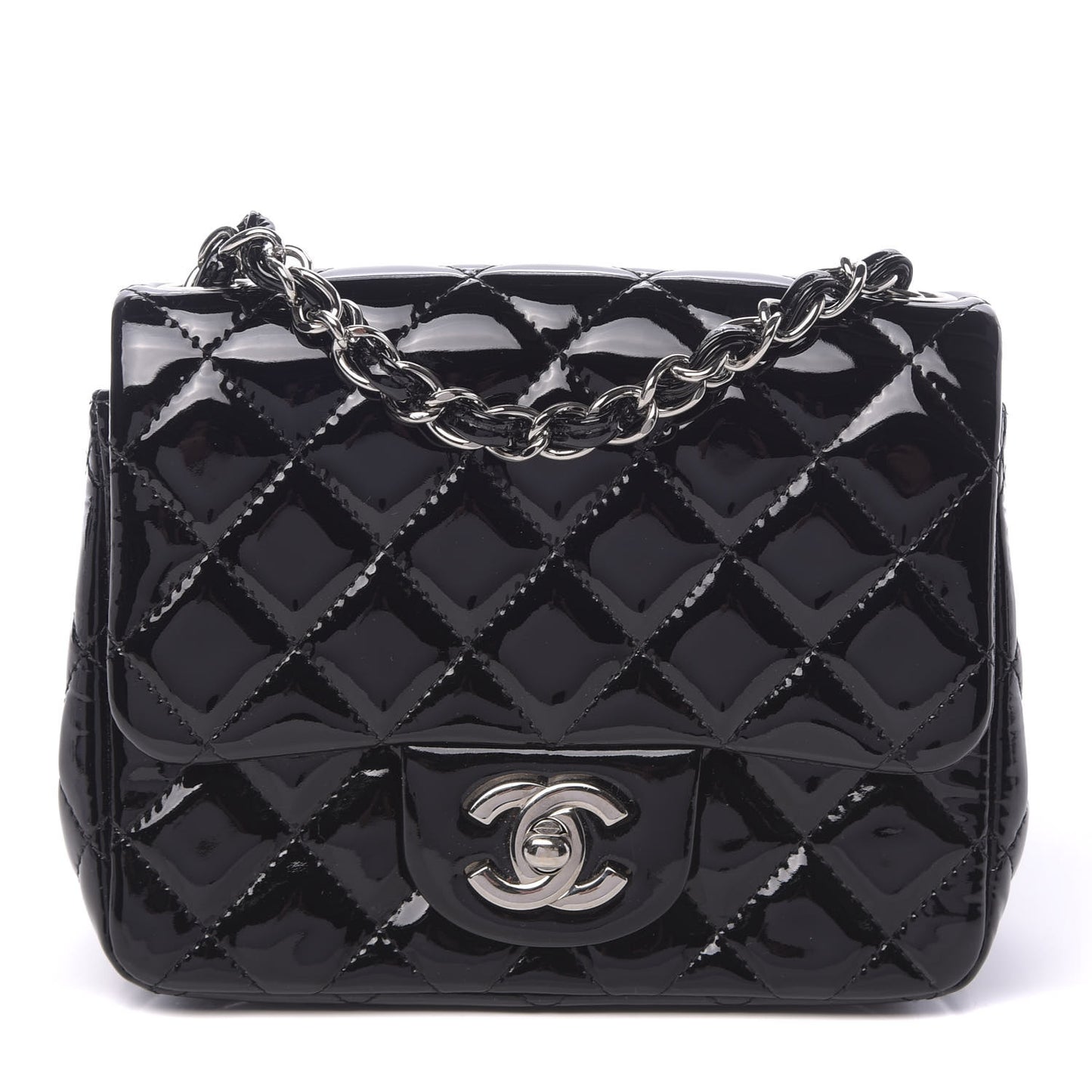 Patent Calfskin Quilted Mini Square Flap Black