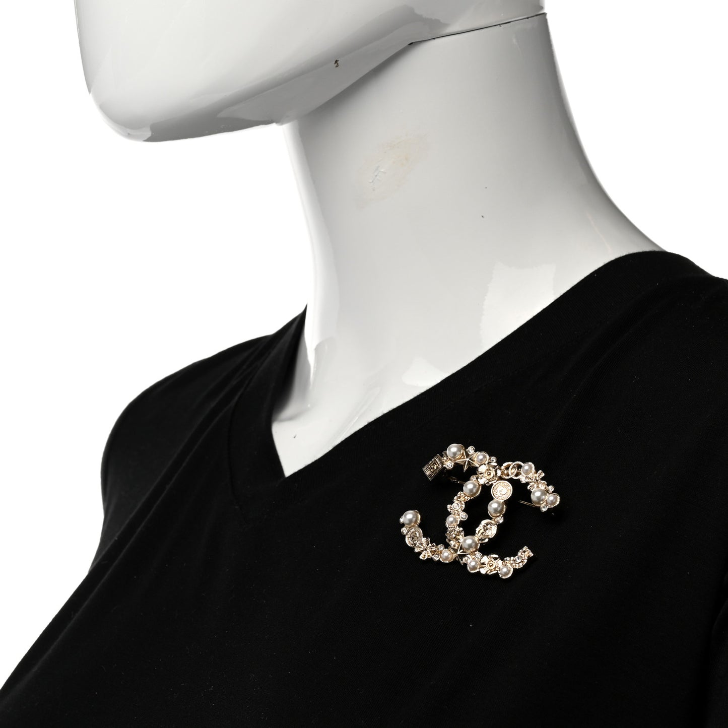 Crystal Pearl CC Charms Brooch Gold