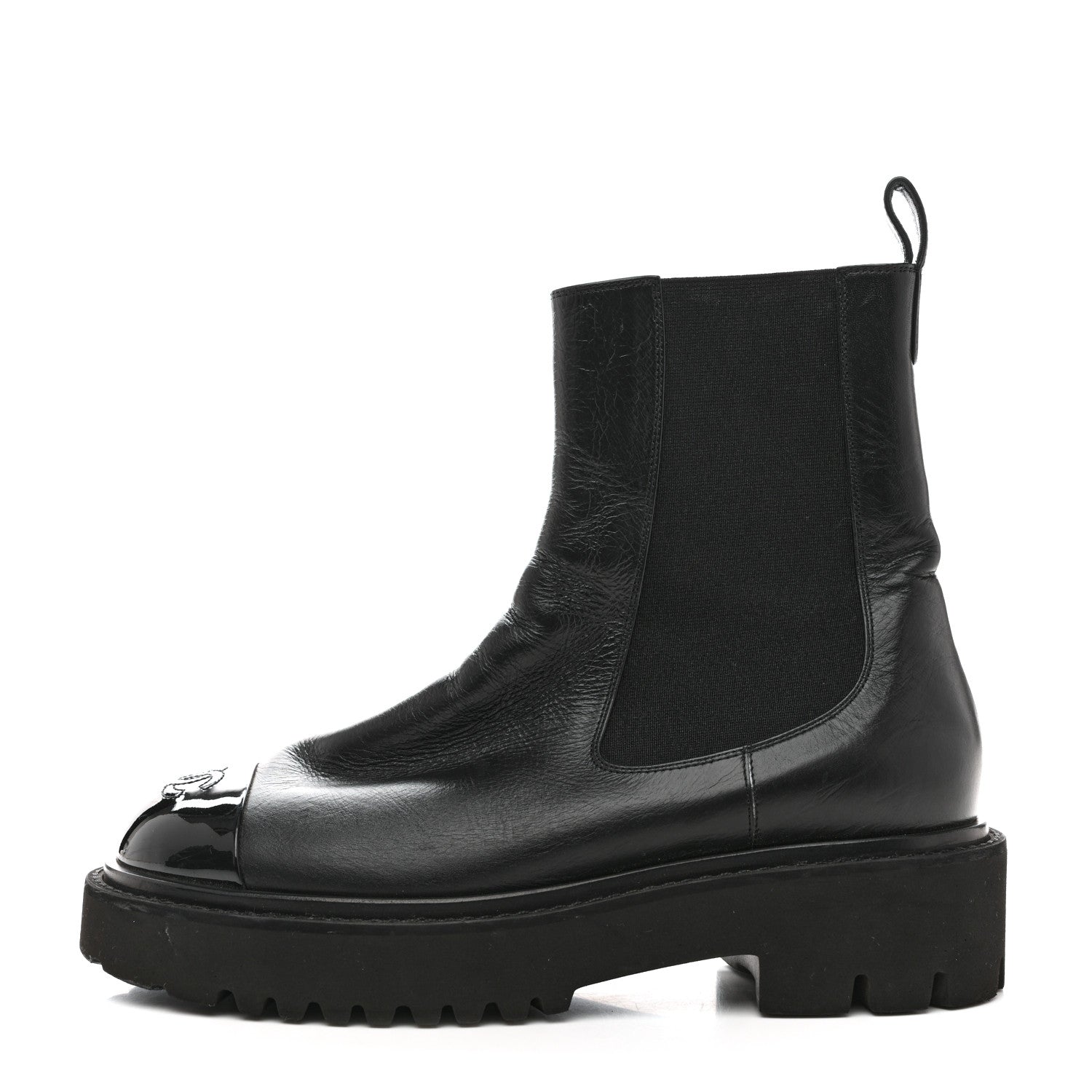 CHANEL 2024ブーツ　39.5 Chanel Crumpled Calfskin Patent Cap Toe Short Boots 39.5 Black