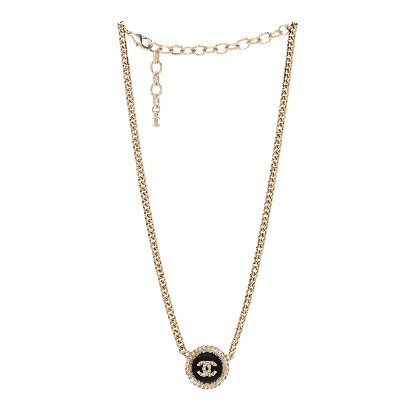 Metal Lambskin Crystal CC Pendant Necklace Black Gold