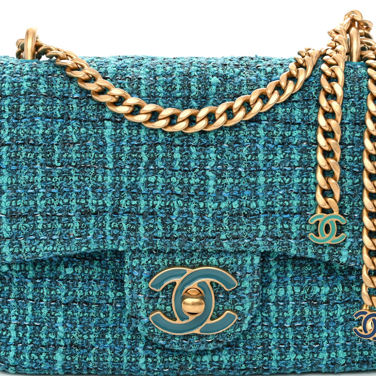 Tweed Enamel Quilted Pending CC Mini Square Flap Blue Green