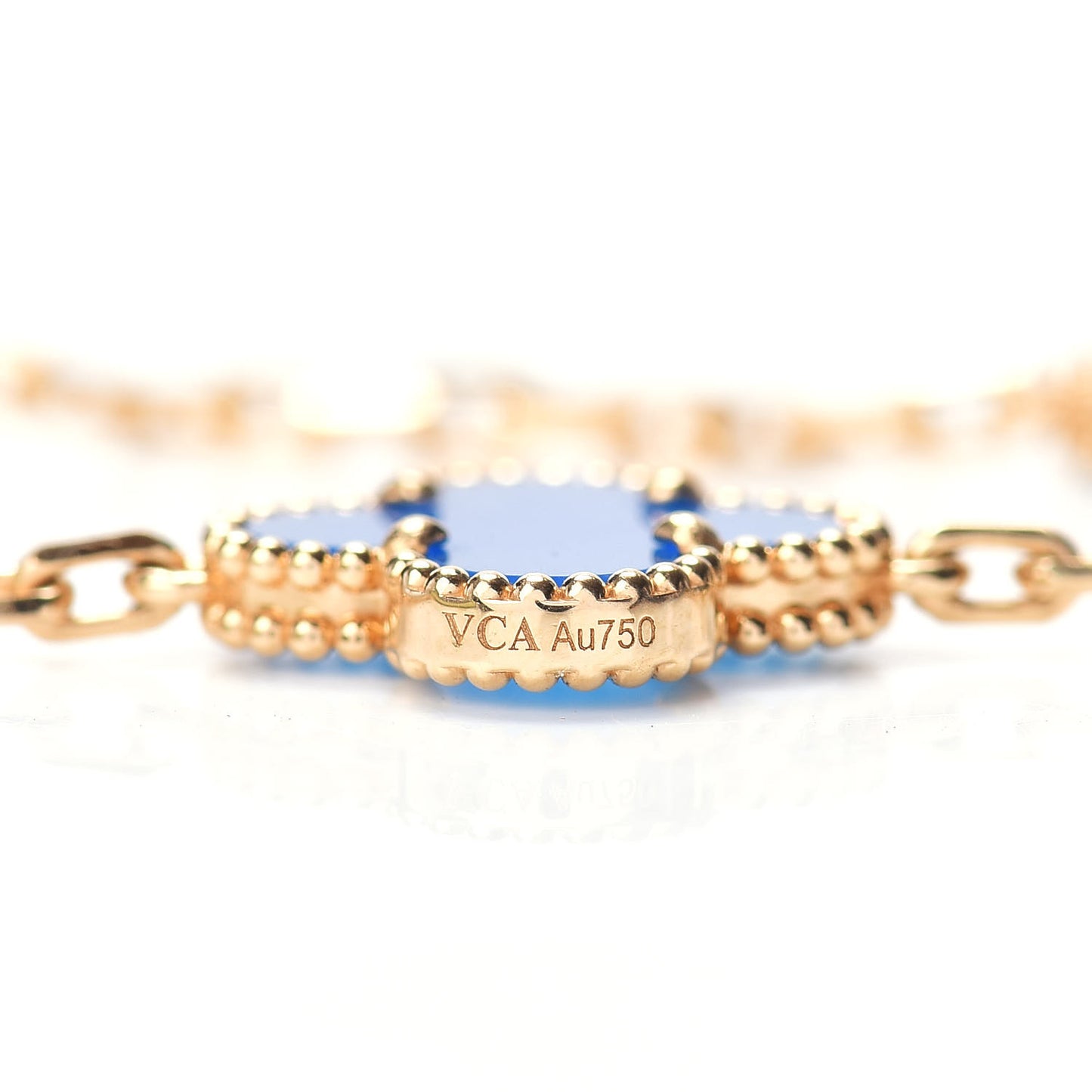 18K Yellow Gold Blue Agate 10 Motifs Vintage Alhambra Necklace
