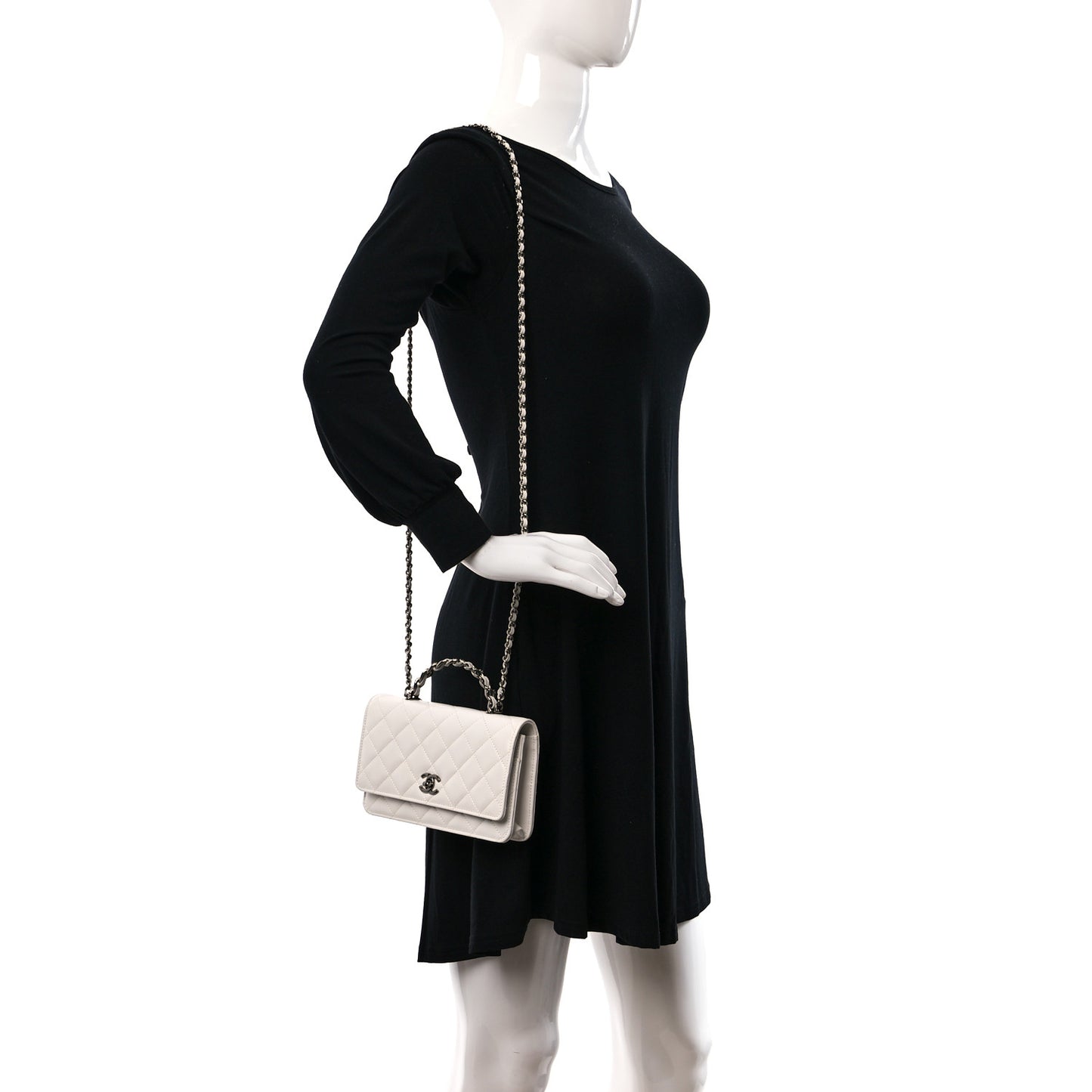 Shiny Crumpled Calfskin Strass Quilted Top Handle Clutch With Chain White