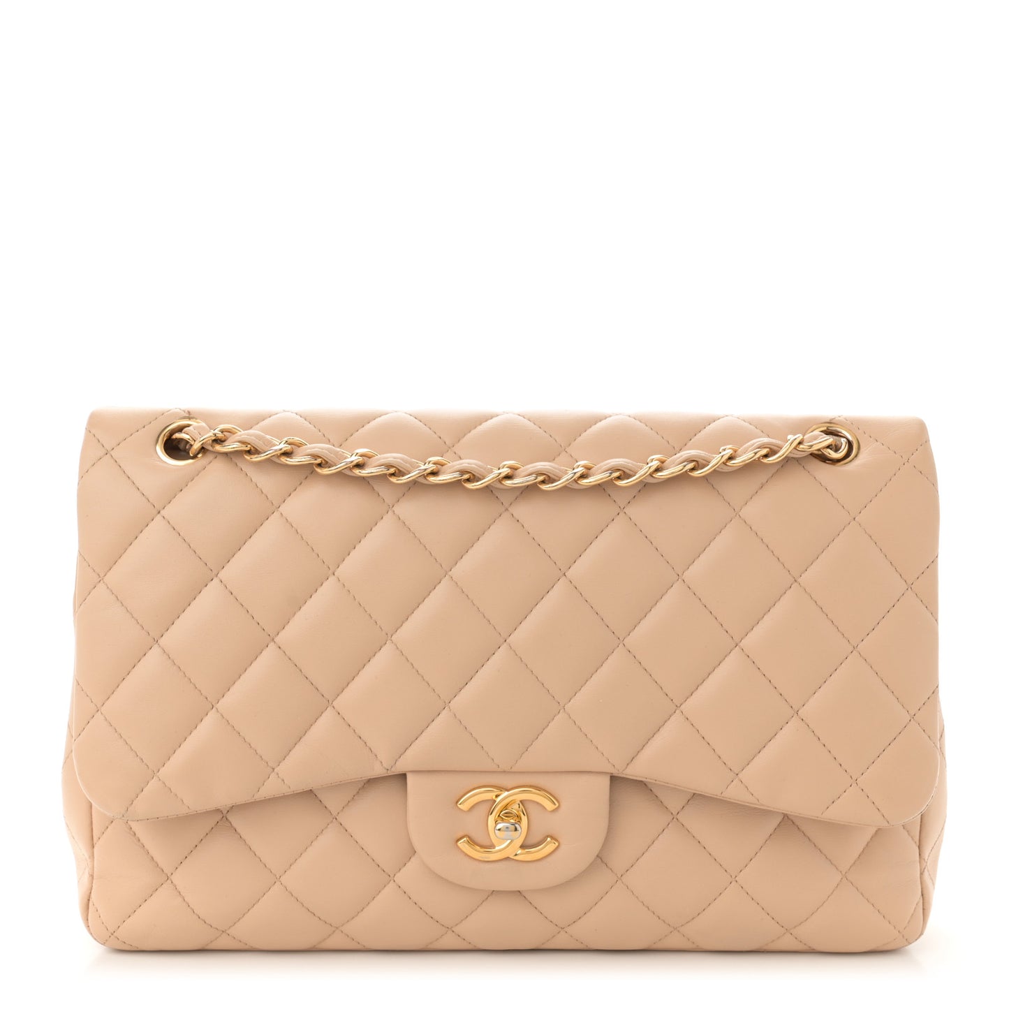 Lambskin Quilted Jumbo Double Flap Beige