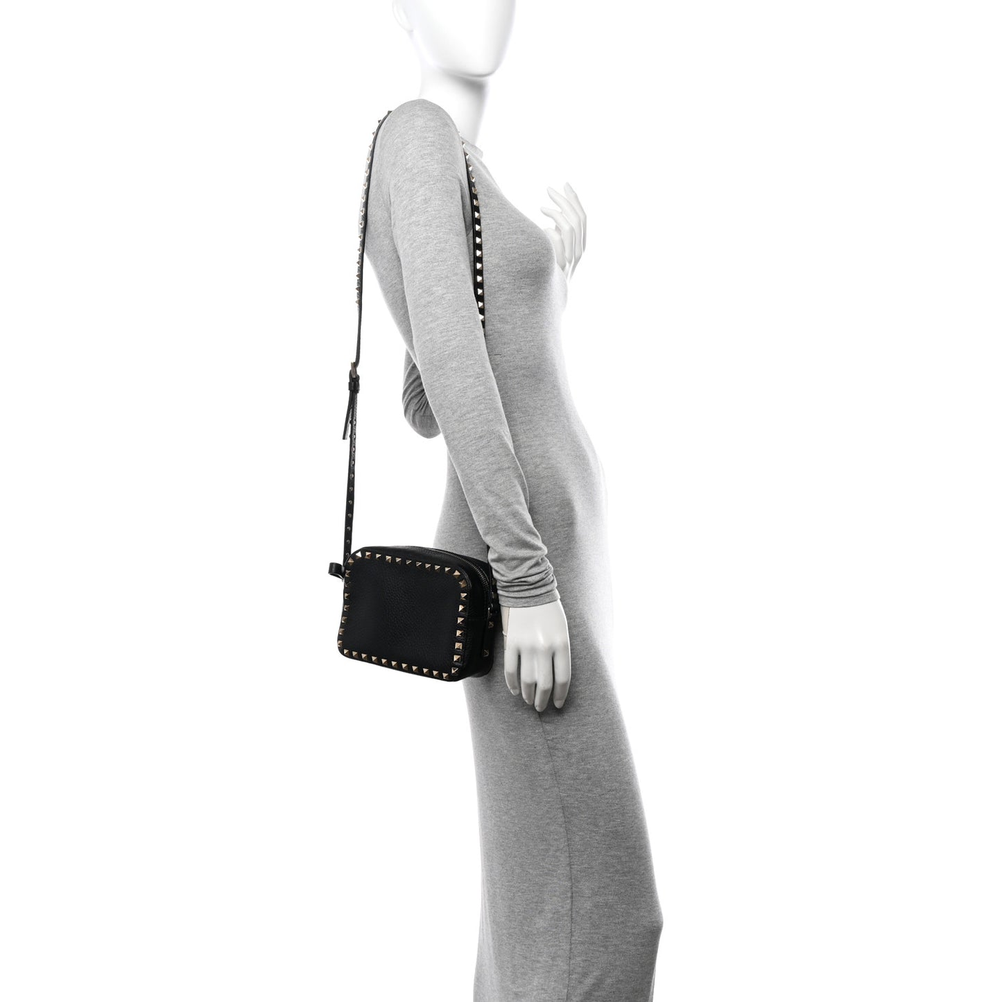 Pebbled Calfskin Rockstud Camera Crossbody Bag Black