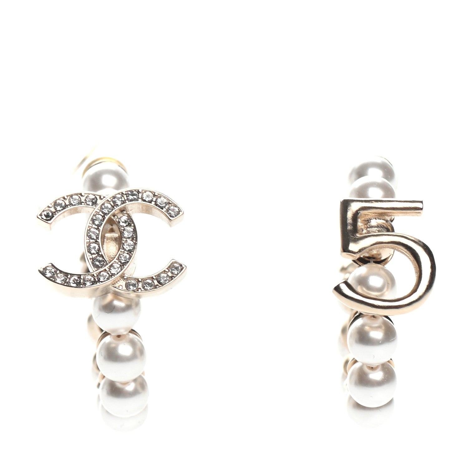 Chanel Crystal Pearl CC No 5 Hoop Drop Earring Gold 1 of 4