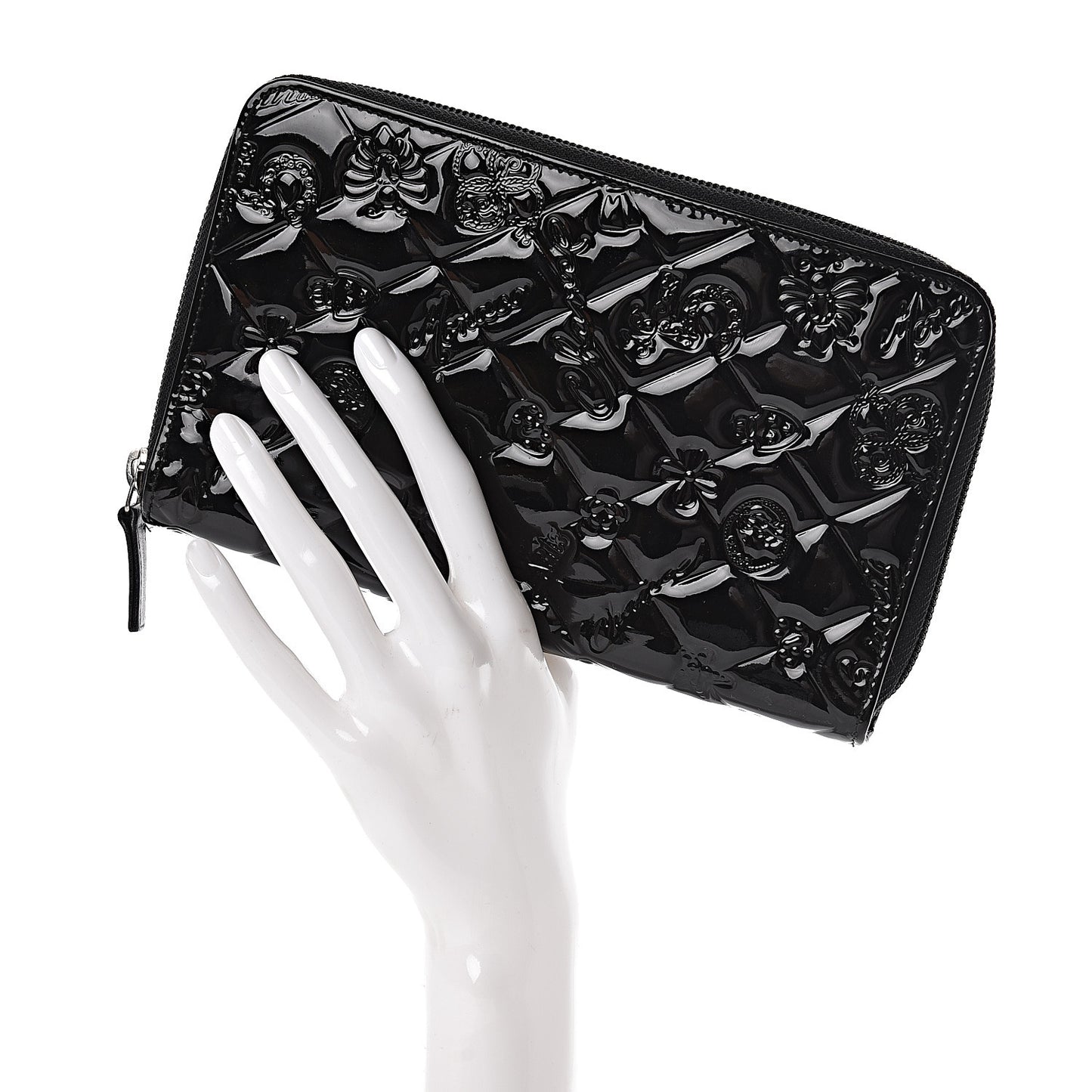 Patent Calfskin Lucky Symbols Zip Around Wallet Black