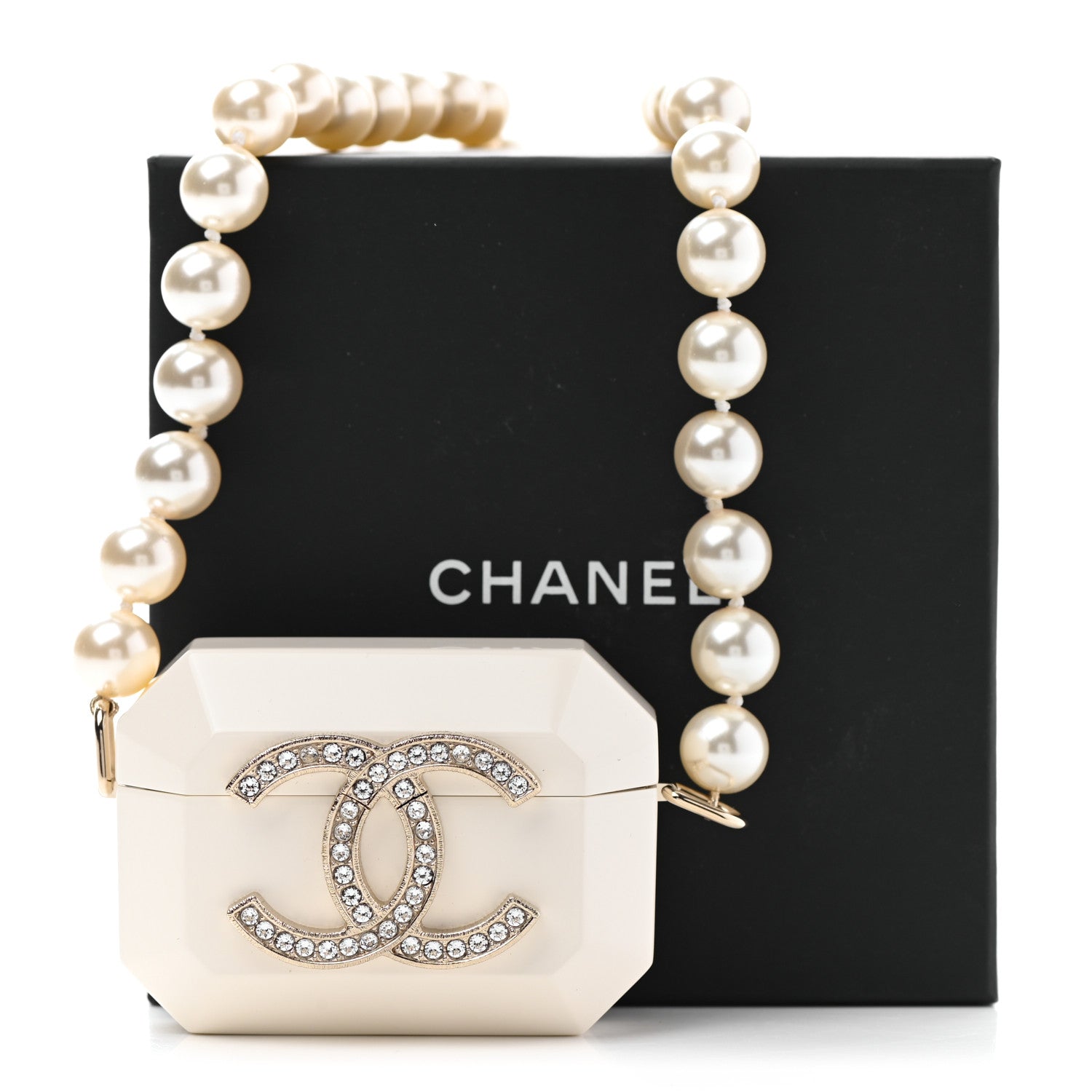 Chanel Resin Crystal Pearl Airpod Pro Case Necklace Gold White Pearly Black 7 of 7