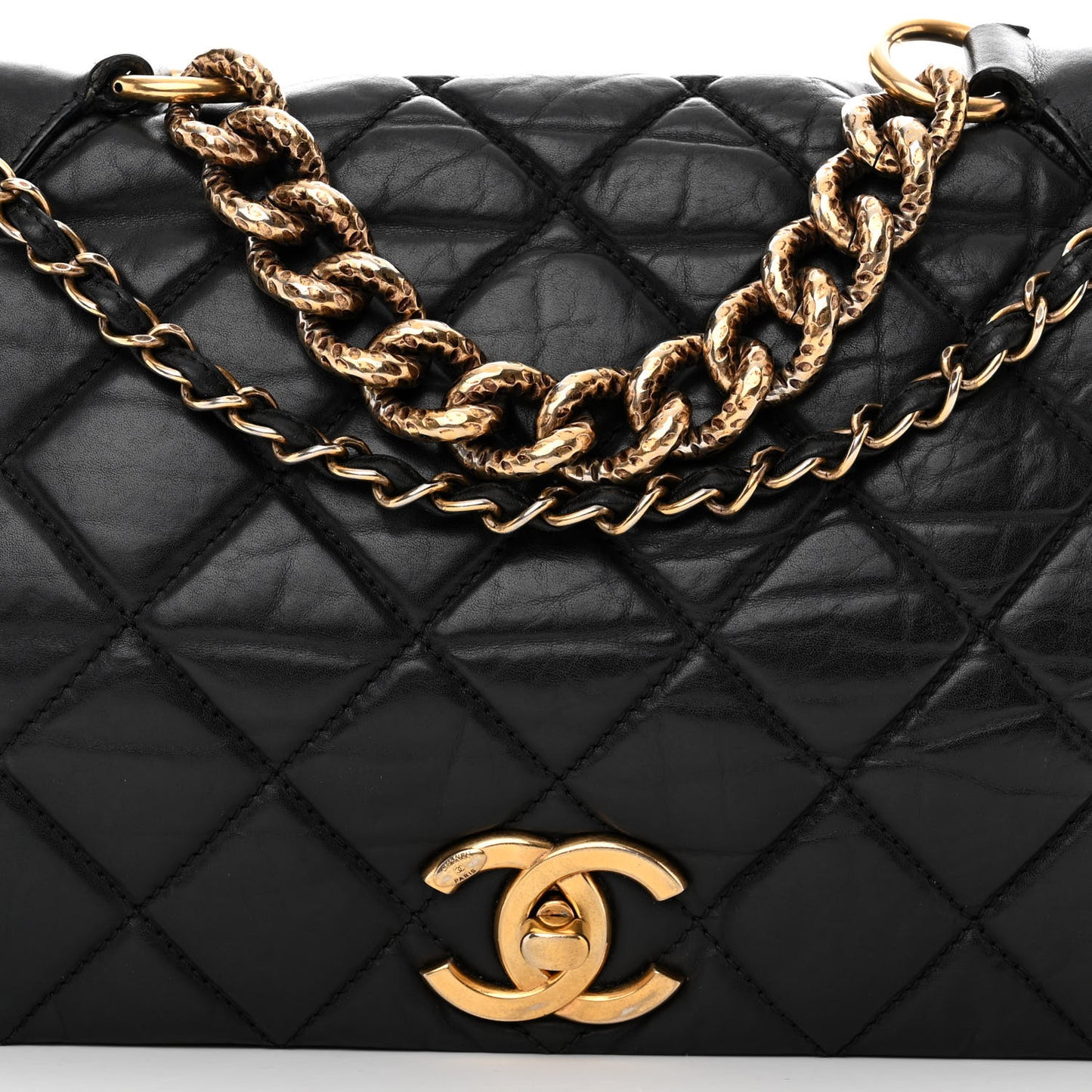 Aged Calfskin Quilted Medium Pondichery Flap Black