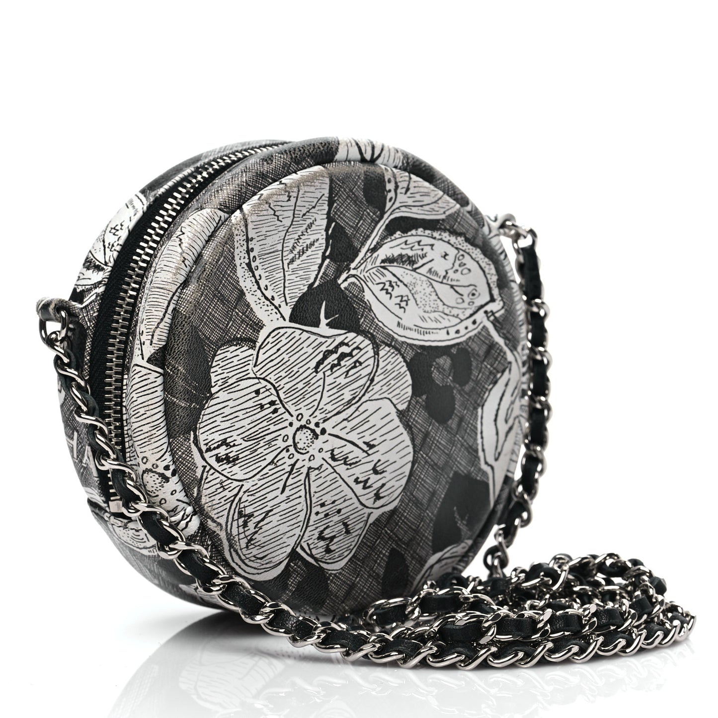 Calfskin Floral Print Round Clutch With Chain Black White