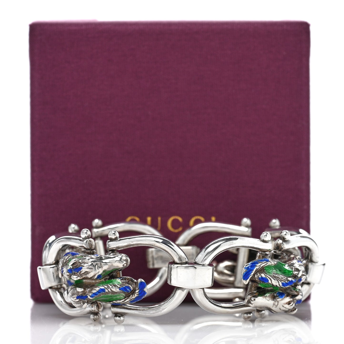 Sterling Silver Enamel Horse Head Link Chain Bracelet Blue Green