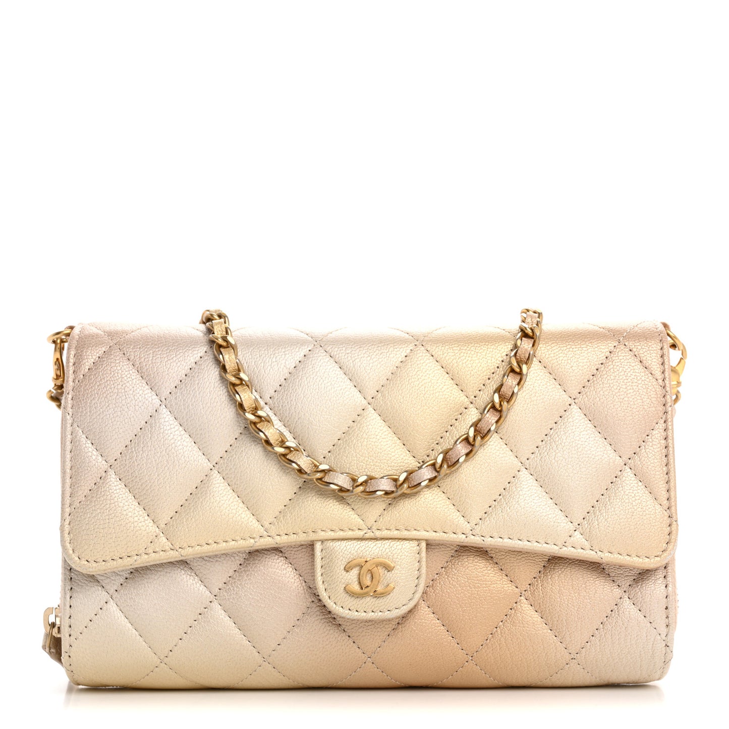 Metallic Goatskin Quilted Phone Holder Wallet on Removable Chain Gold