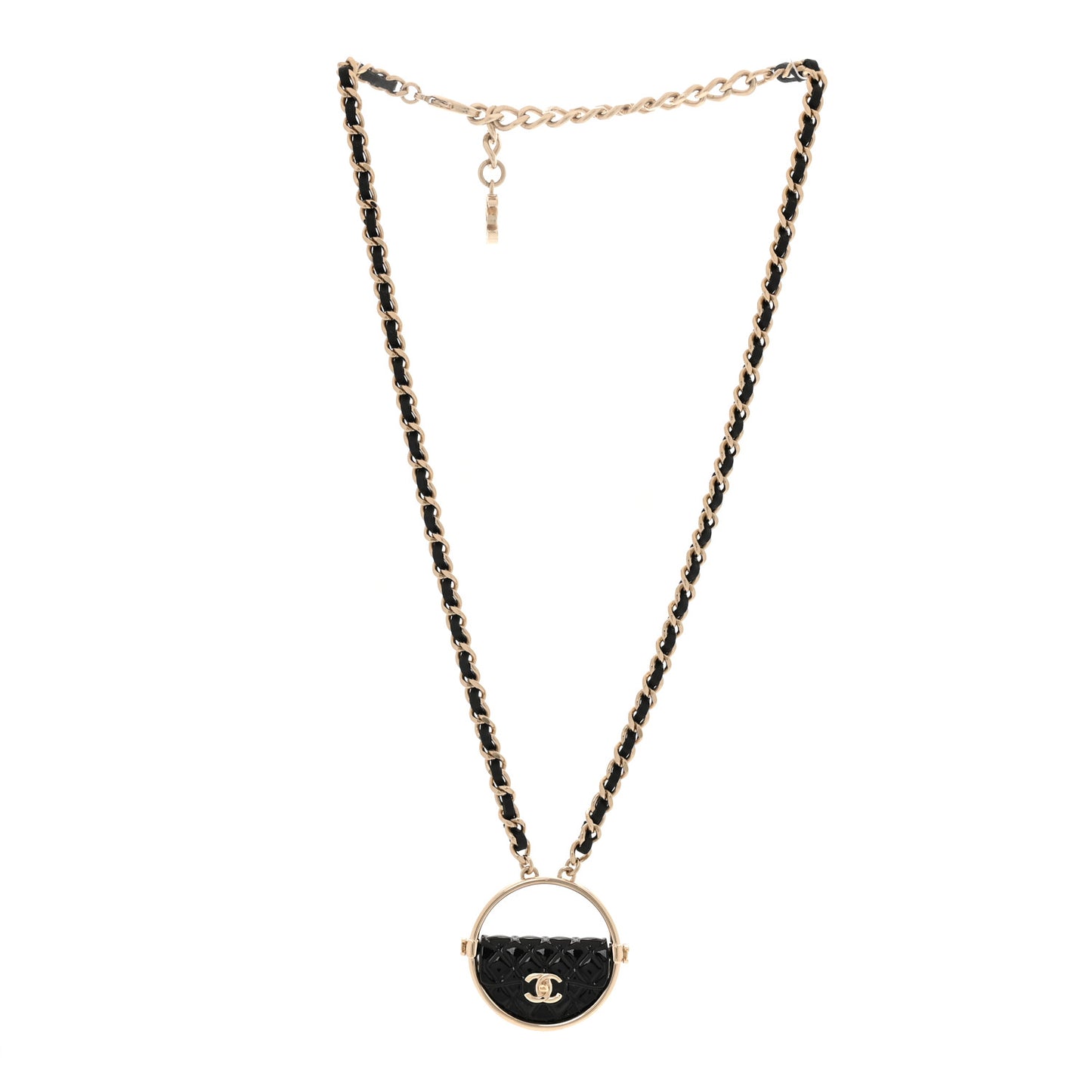Metal Resin Quilted Flap Bag Hoop Mirror Necklace Black Gold
