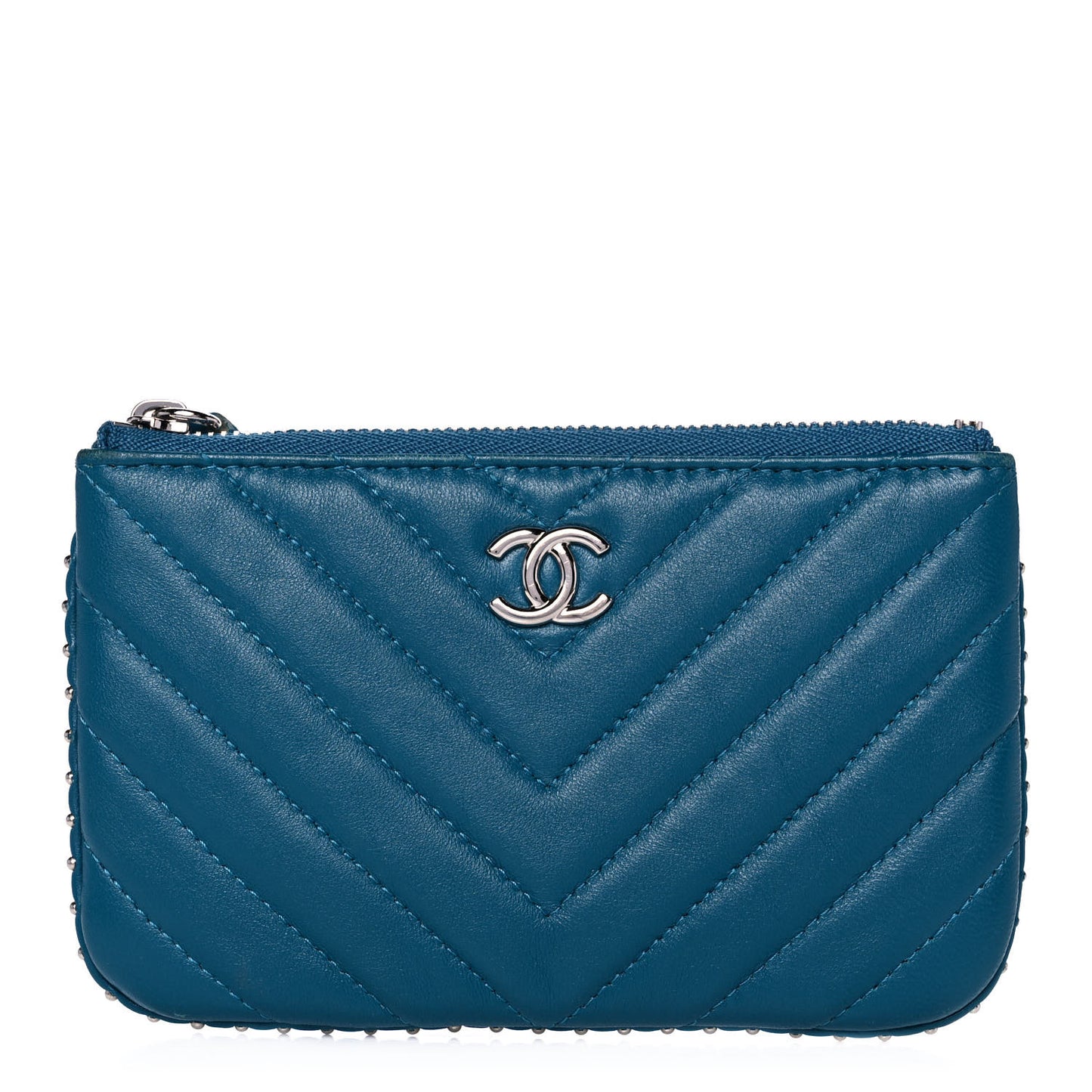 Lambskin Chevron Quilted Studded Small Cosmetic Case Blue