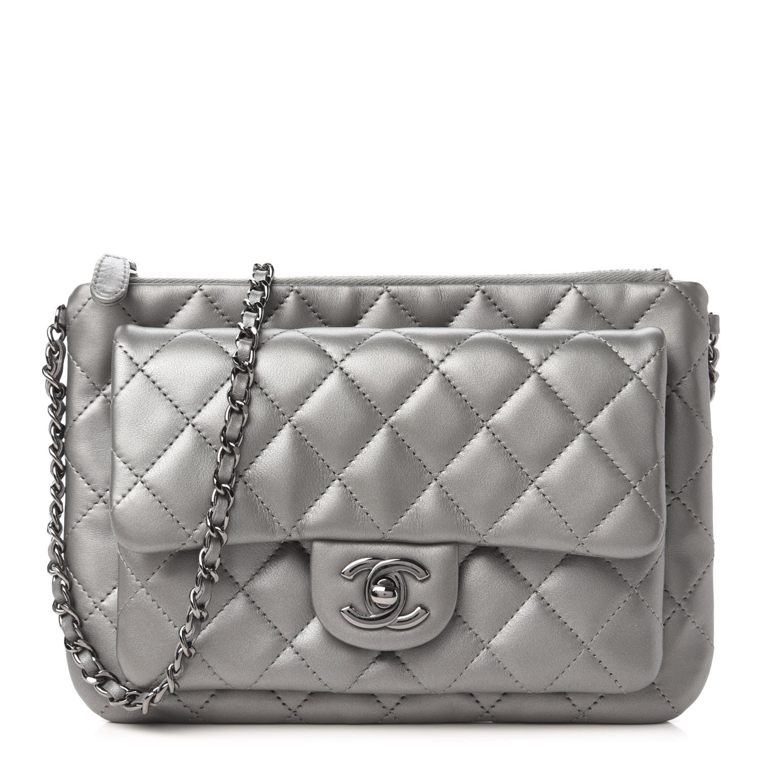 Chanel Metallic Calfskin Quilted Daily Zip Crossbody Silver 720833